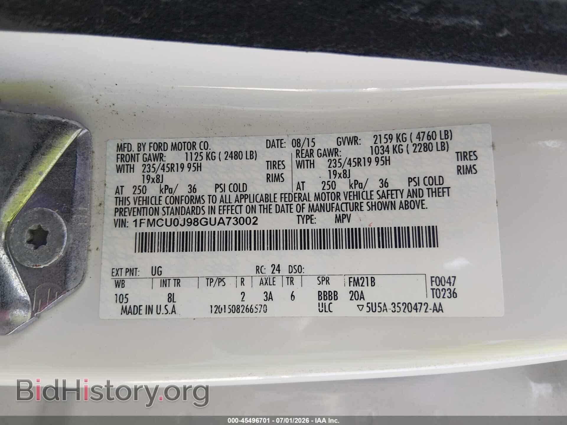 2016 FORD ESCAPE - VIN: 1FMCU0J98GUA73002 - Фото 9