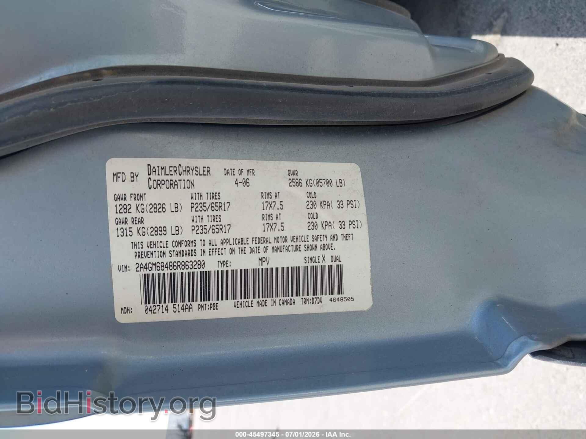 2006 CHRYSLER PACIFICA - VIN: 2A4GM68486R863280 - Фото 9