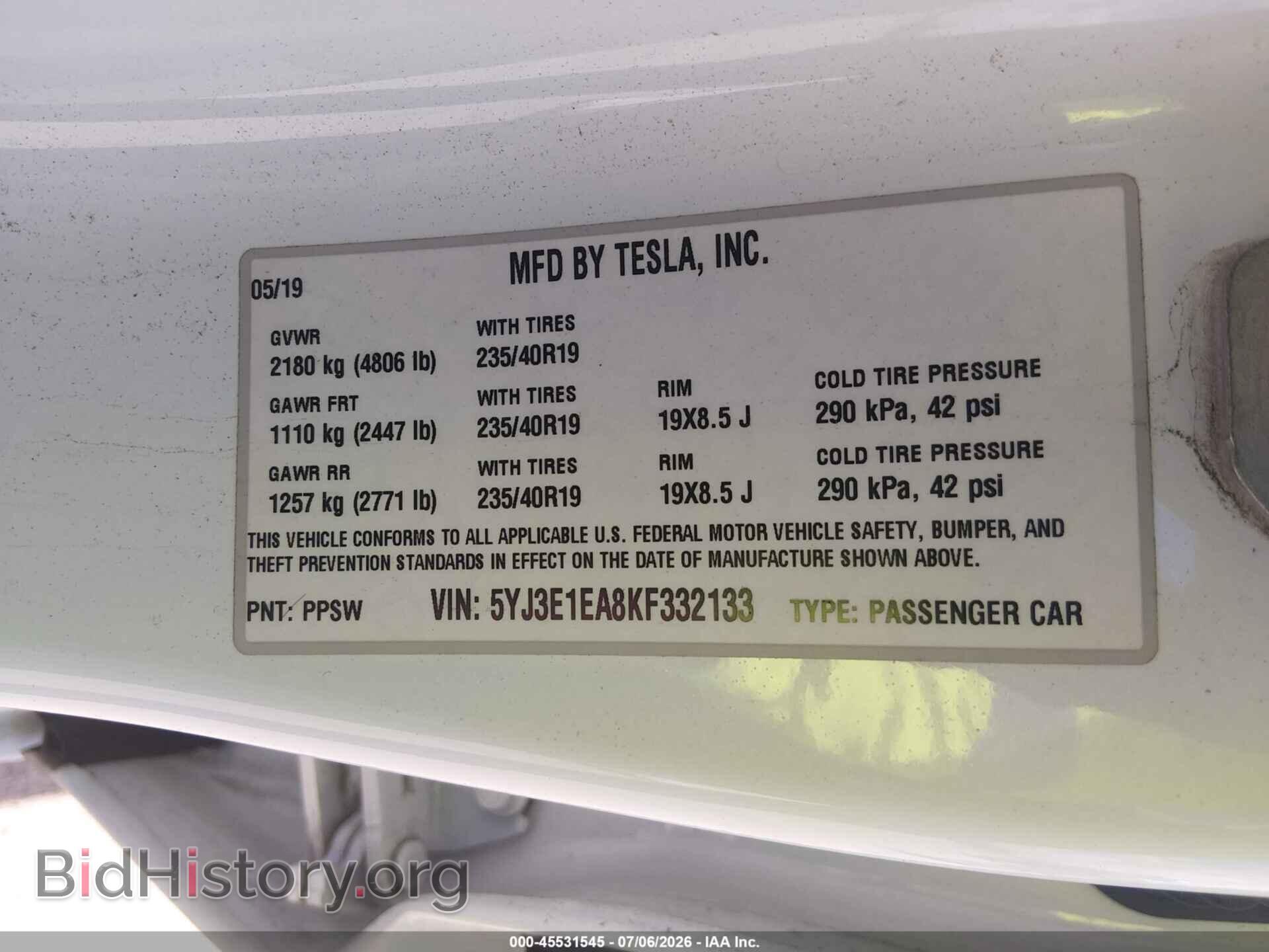 2019 TESLA MODEL 3 - VIN: 5YJ3E1EA8KF332133 - Photo 9