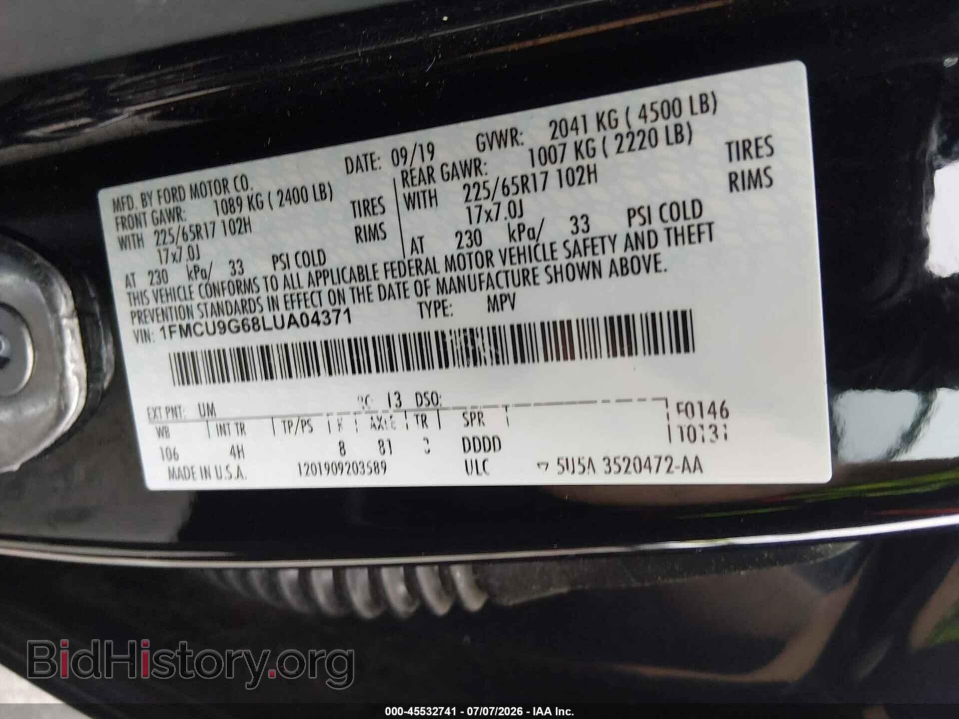 2020 FORD ESCAPE - VIN: 1FMCU9G68LUA04371 - Photo 9
