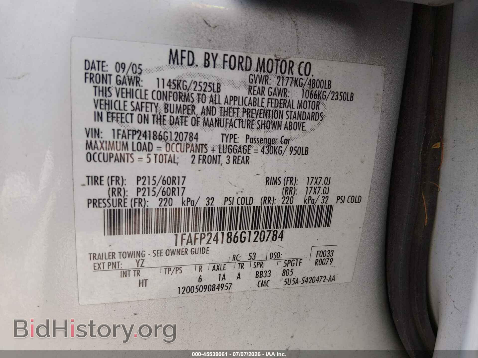 2006 FORD FIVE HUNDRED - VIN: 1FAFP24186G120784 - Фото 9