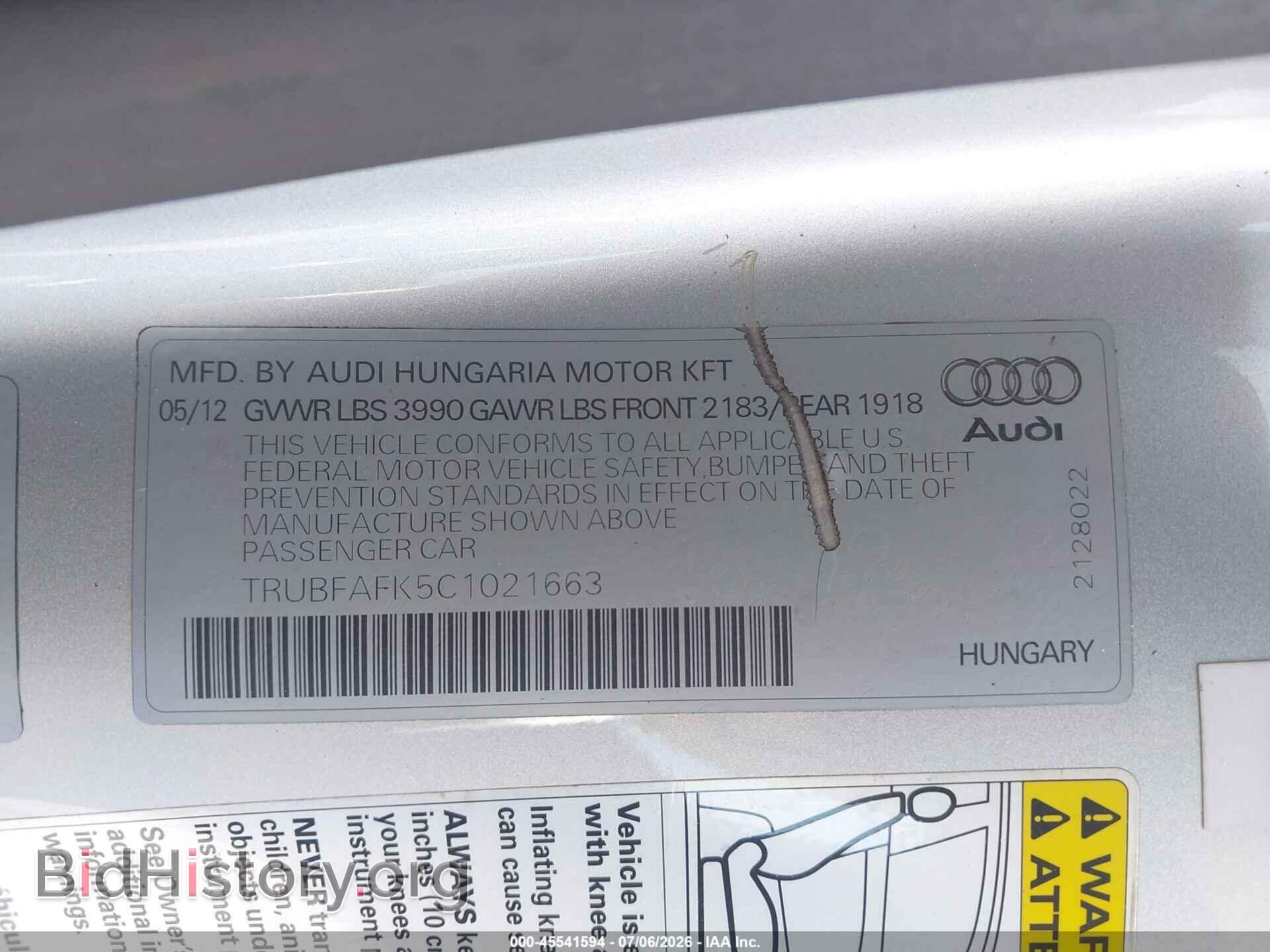 2012 AUDI TT - VIN: TRUBFAFK5C1021663 - Photo 9