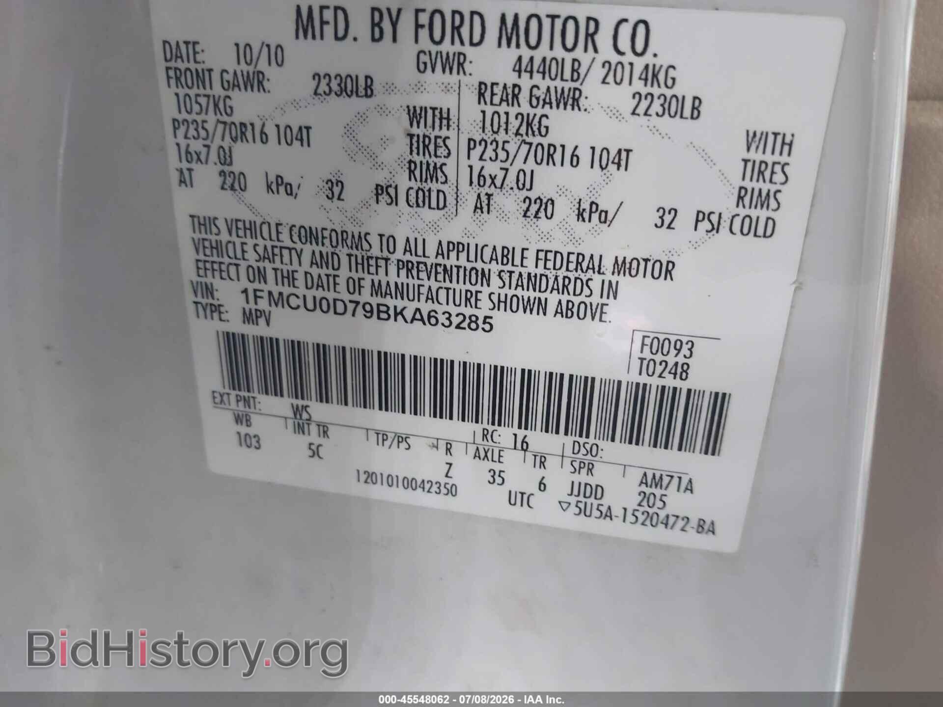 2011 FORD ESCAPE - VIN: 1FMCU0D79BKA63285 - Фото 9