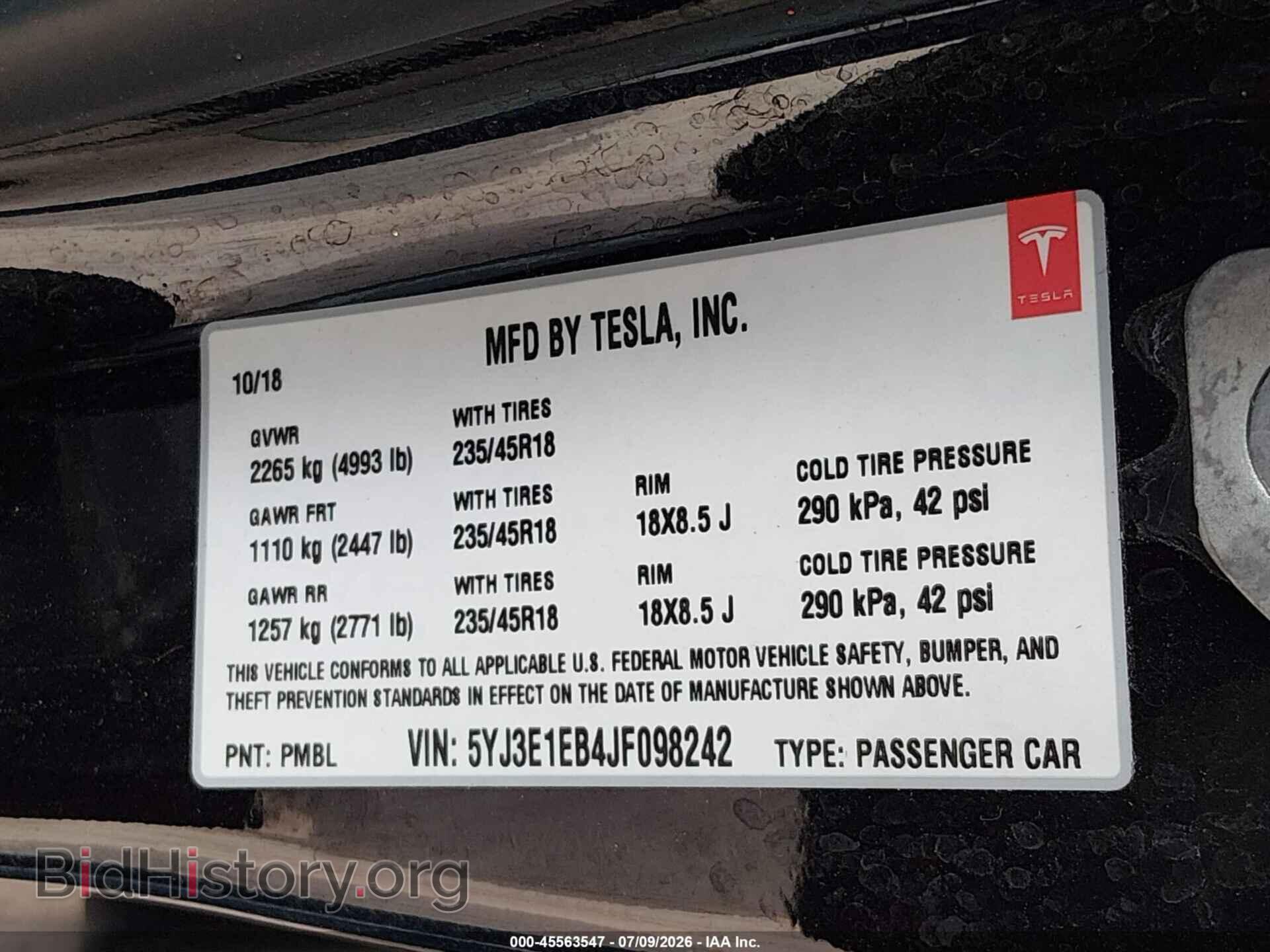 2018 TESLA MODEL 3 - VIN: 5YJ3E1EB4JF098242 - Фото 9
