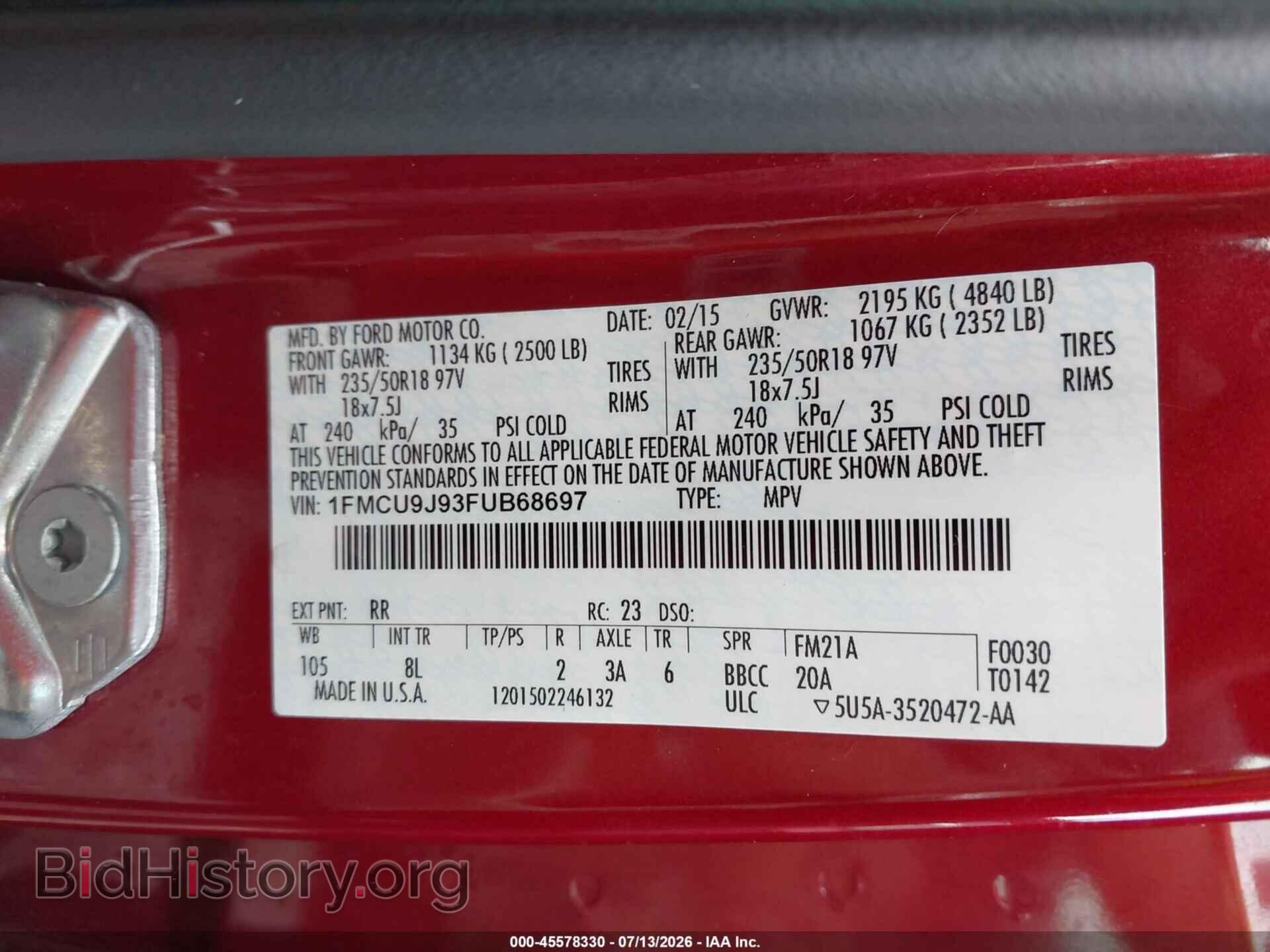 2015 FORD ESCAPE - VIN: 1FMCU9J93FUB68697 - Фото 9