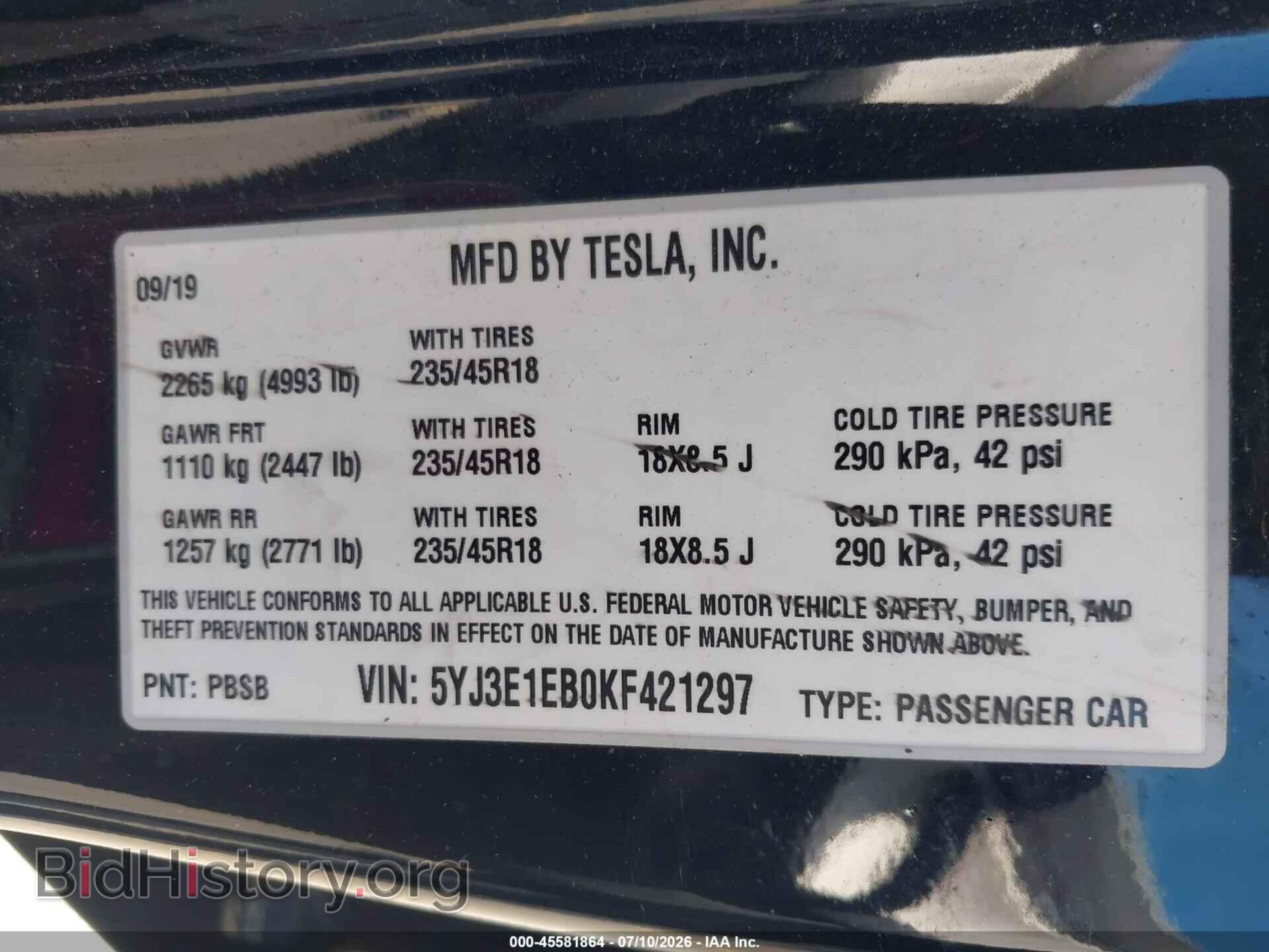 2019 TESLA MODEL 3 - VIN: 5YJ3E1EB0KF421297 - Photo 9