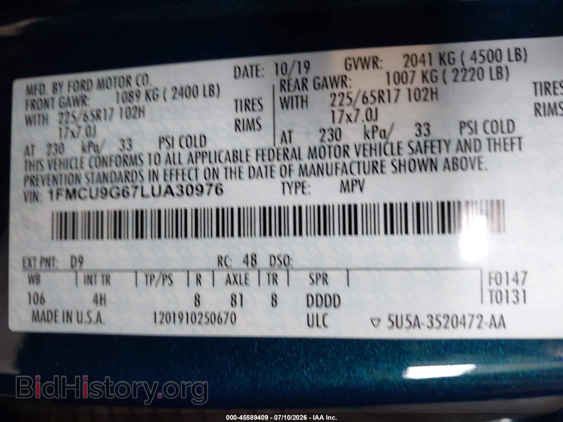 2020 FORD ESCAPE - VIN: 1FMCU9G67LUA30976 - Photo 9