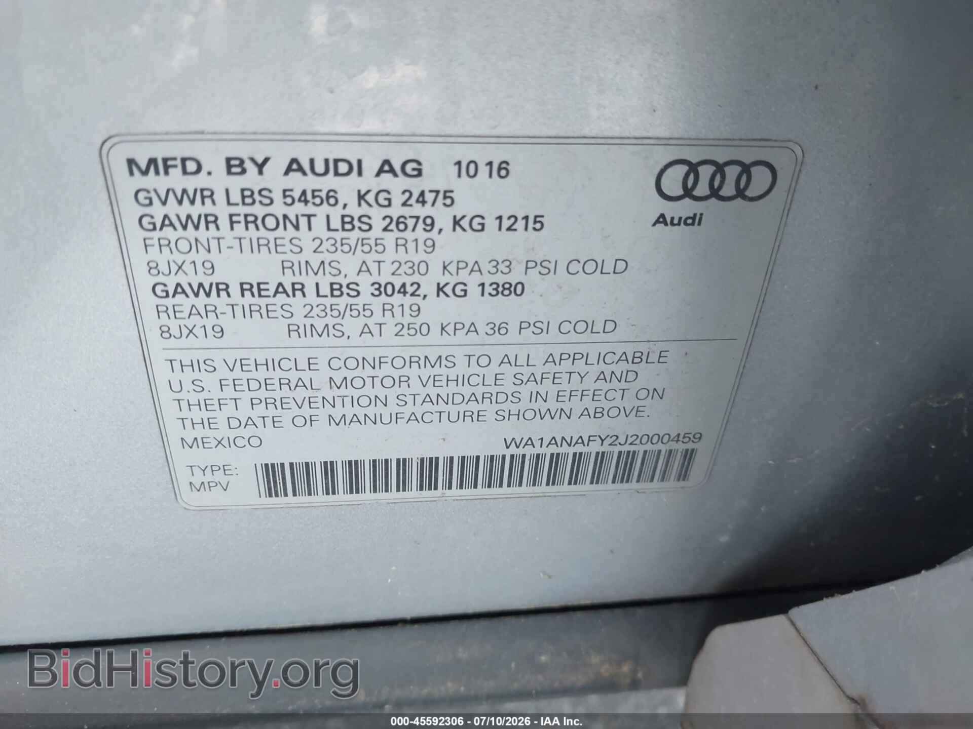 2018 AUDI Q5 - VIN: WA1ANAFY2J2000459 - Фото 9