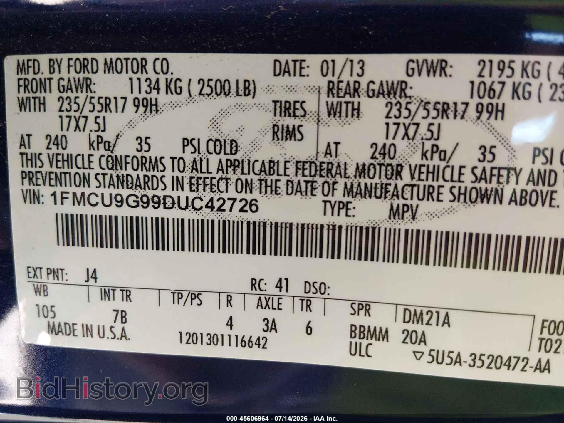 2013 FORD ESCAPE - VIN: 1FMCU9G99DUC42726 - Photo 9