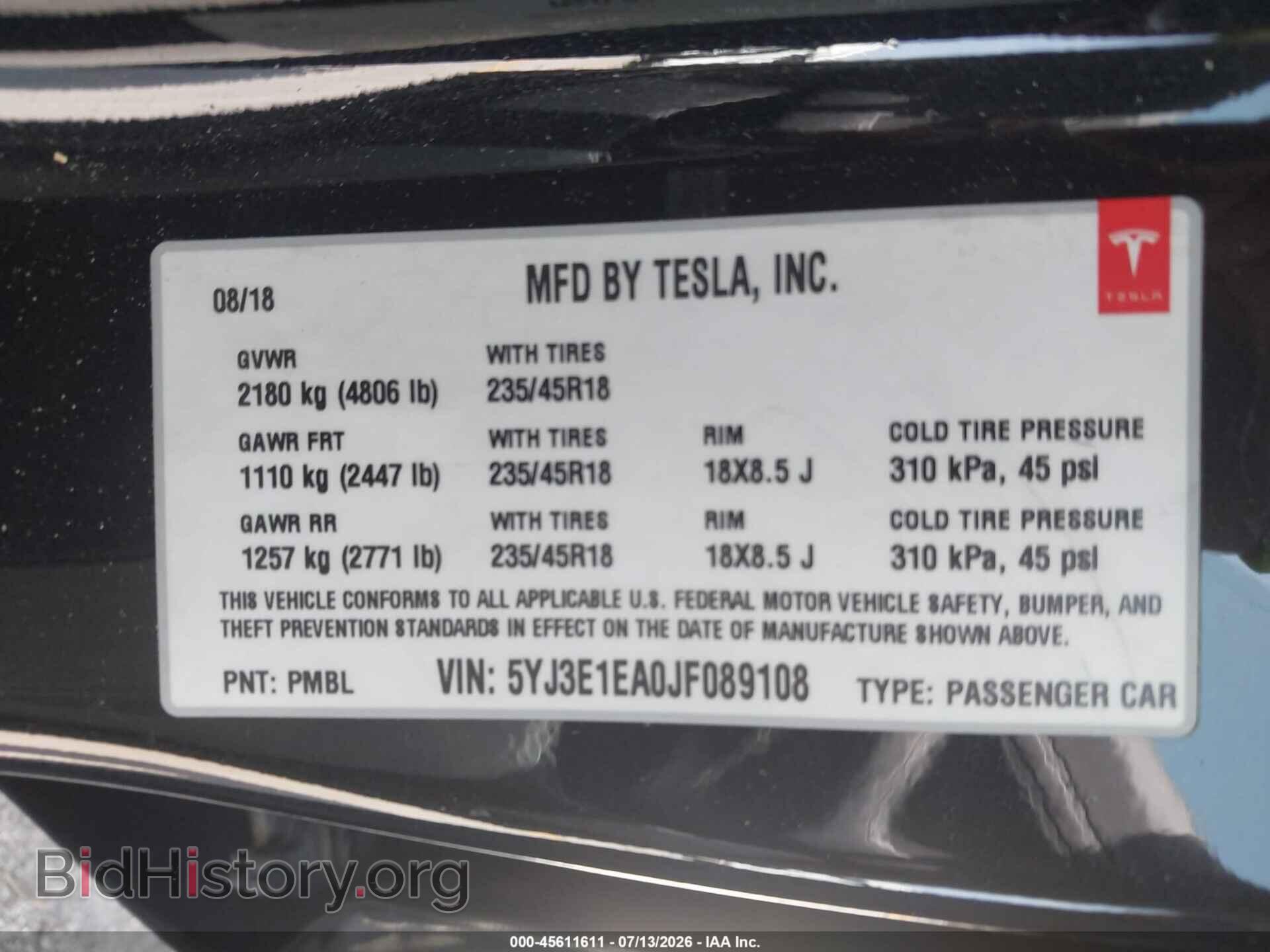 2018 TESLA MODEL 3 - VIN: 5YJ3E1EA0JF089108 - Photo 9