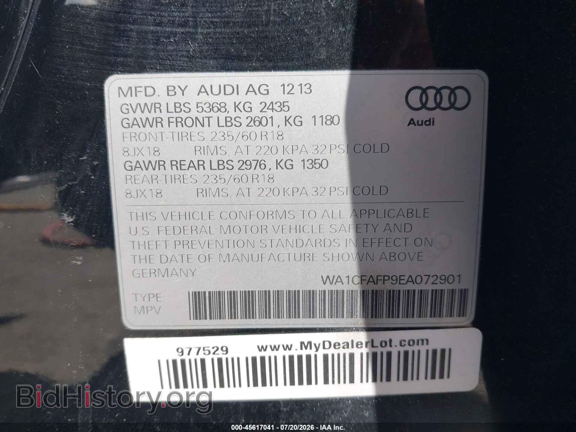 2014 AUDI Q5 - VIN: WA1CFAFP9EA072901 - Фото 9