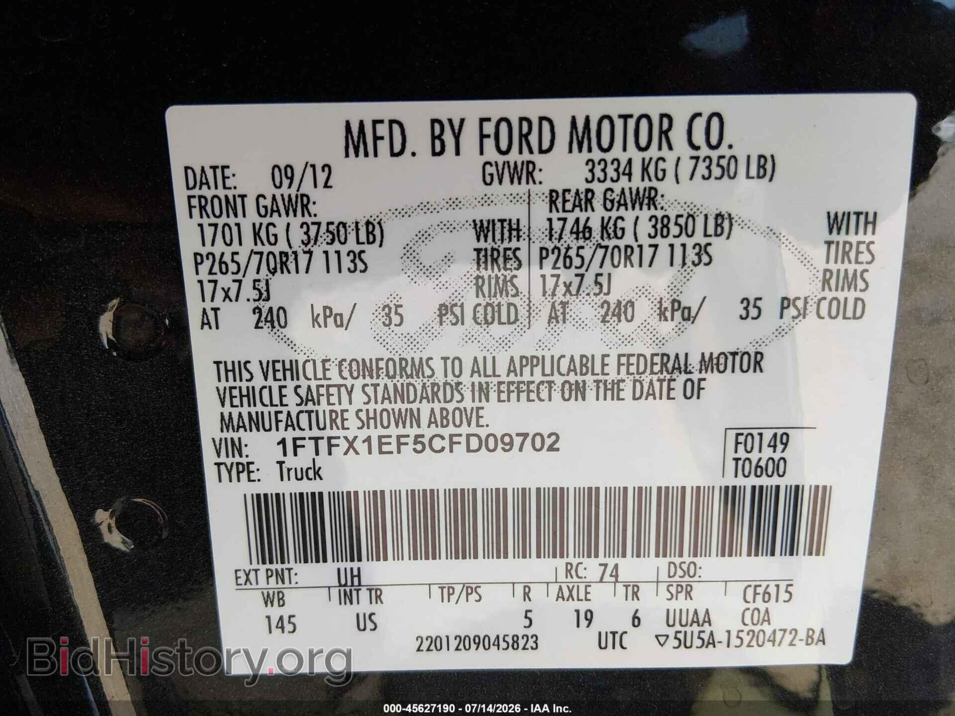 2012 FORD F-150 - VIN: 1FTFX1EF5CFD09702 - Фото 9