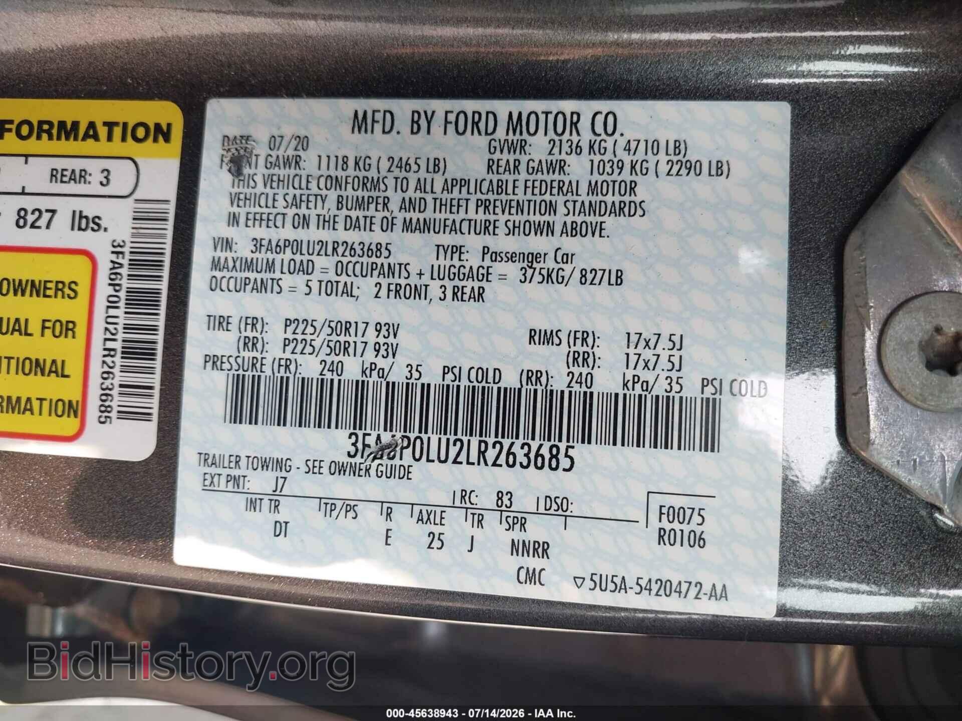 2020 FORD FUSION - VIN: 3FA6P0LU2LR263685 - Фото 9