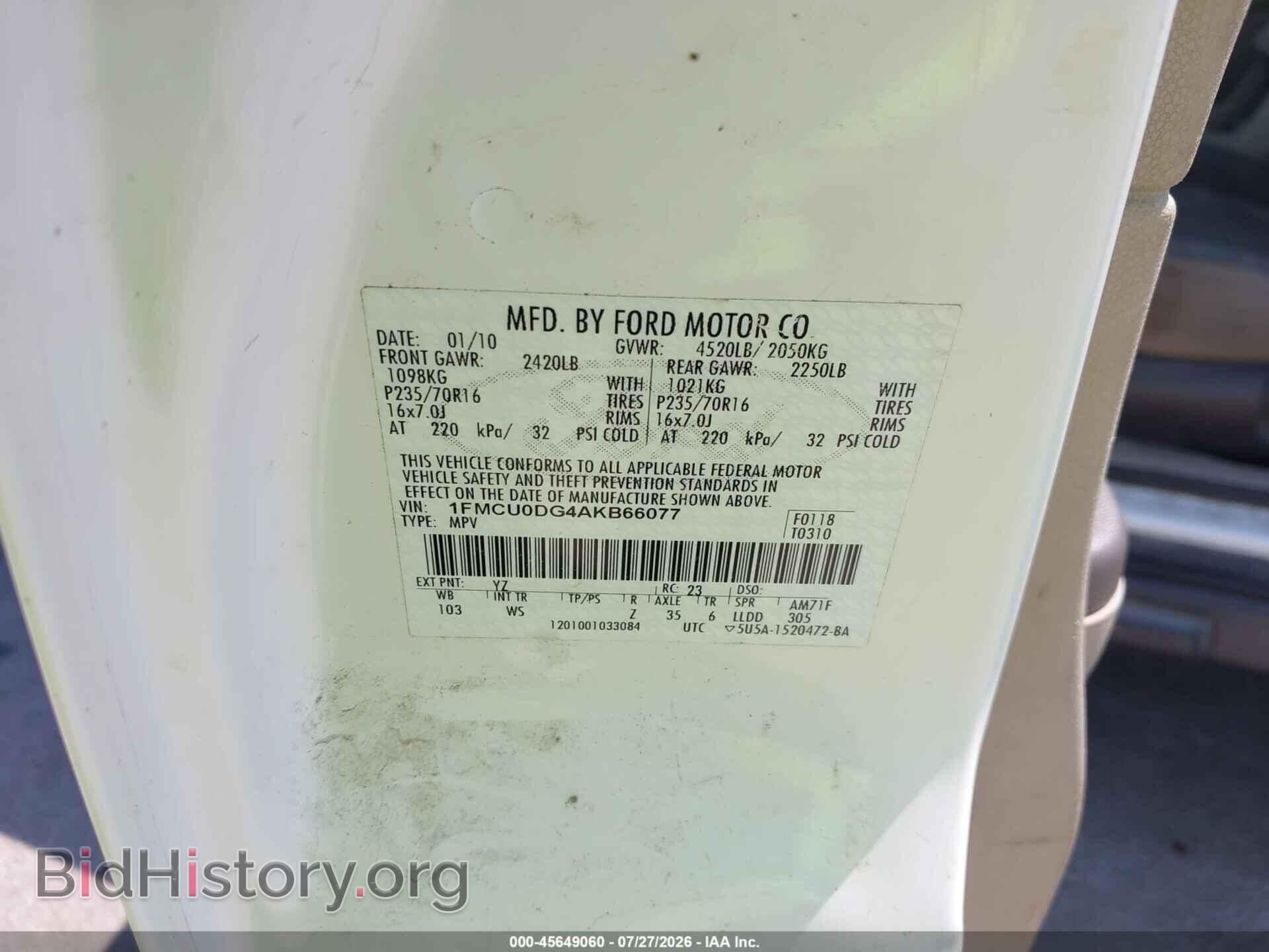 2010 FORD ESCAPE - VIN: 1FMCU0DG4AKB66077 - Фото 9