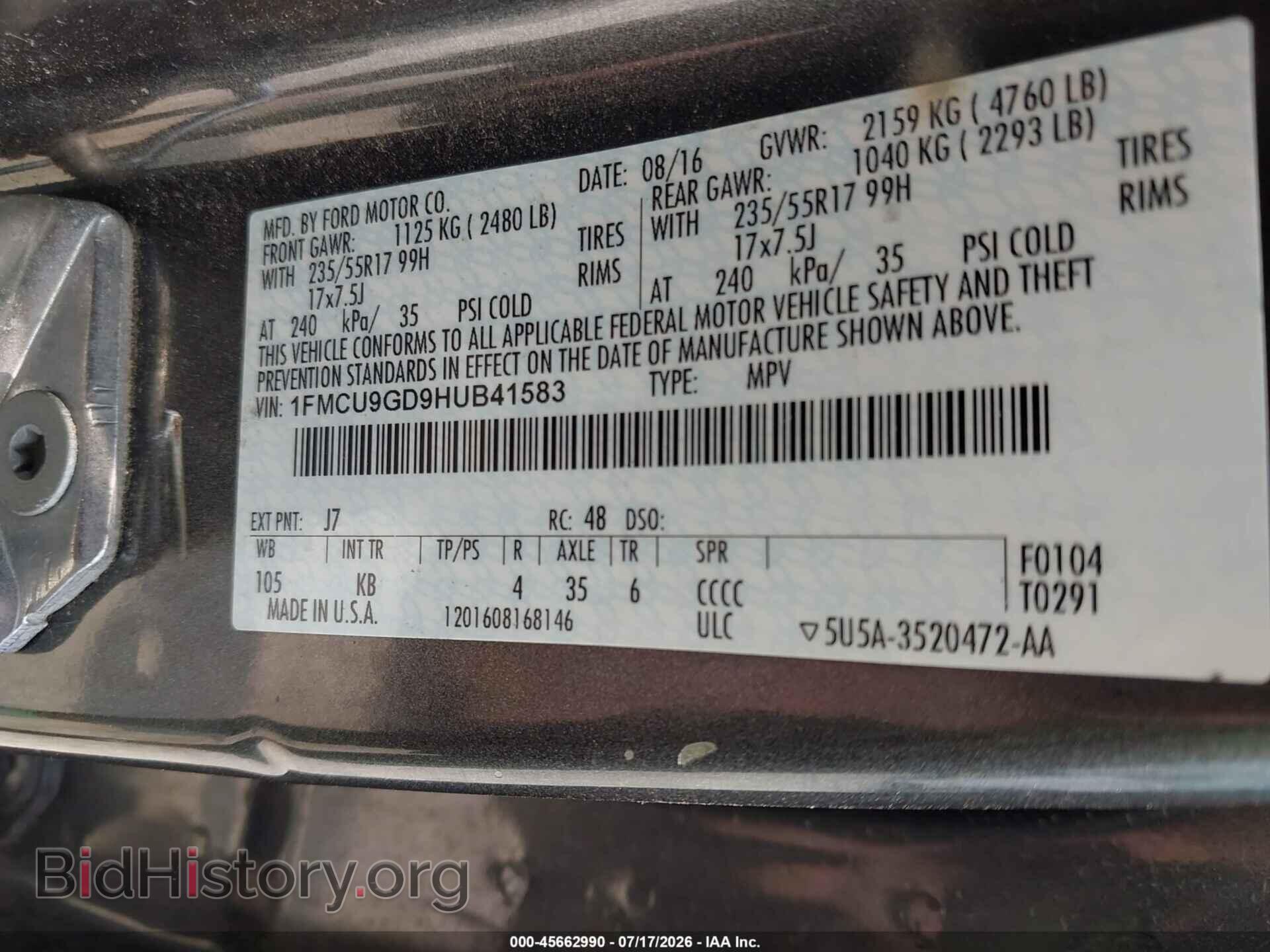 2017 FORD ESCAPE - VIN: 1FMCU9GD9HUB41583 - Фото 9