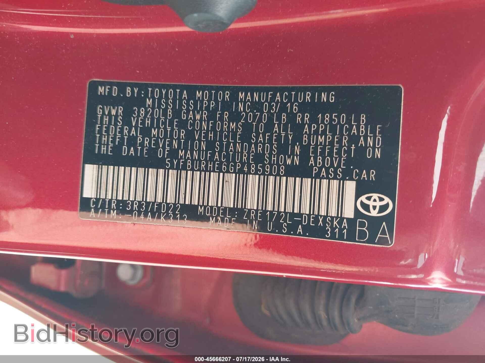 2016 TOYOTA COROLLA - VIN: 5YFBURHE6GP485908 - Фото 9