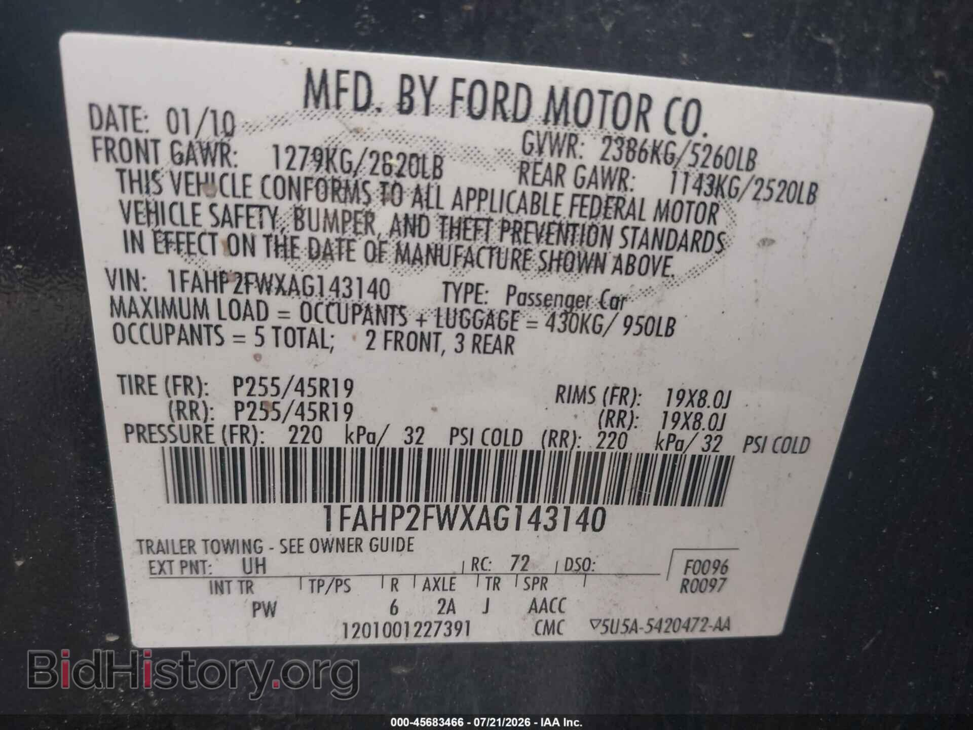 2010 FORD TAURUS - VIN: 1FAHP2FWXAG143140 - Фото 9