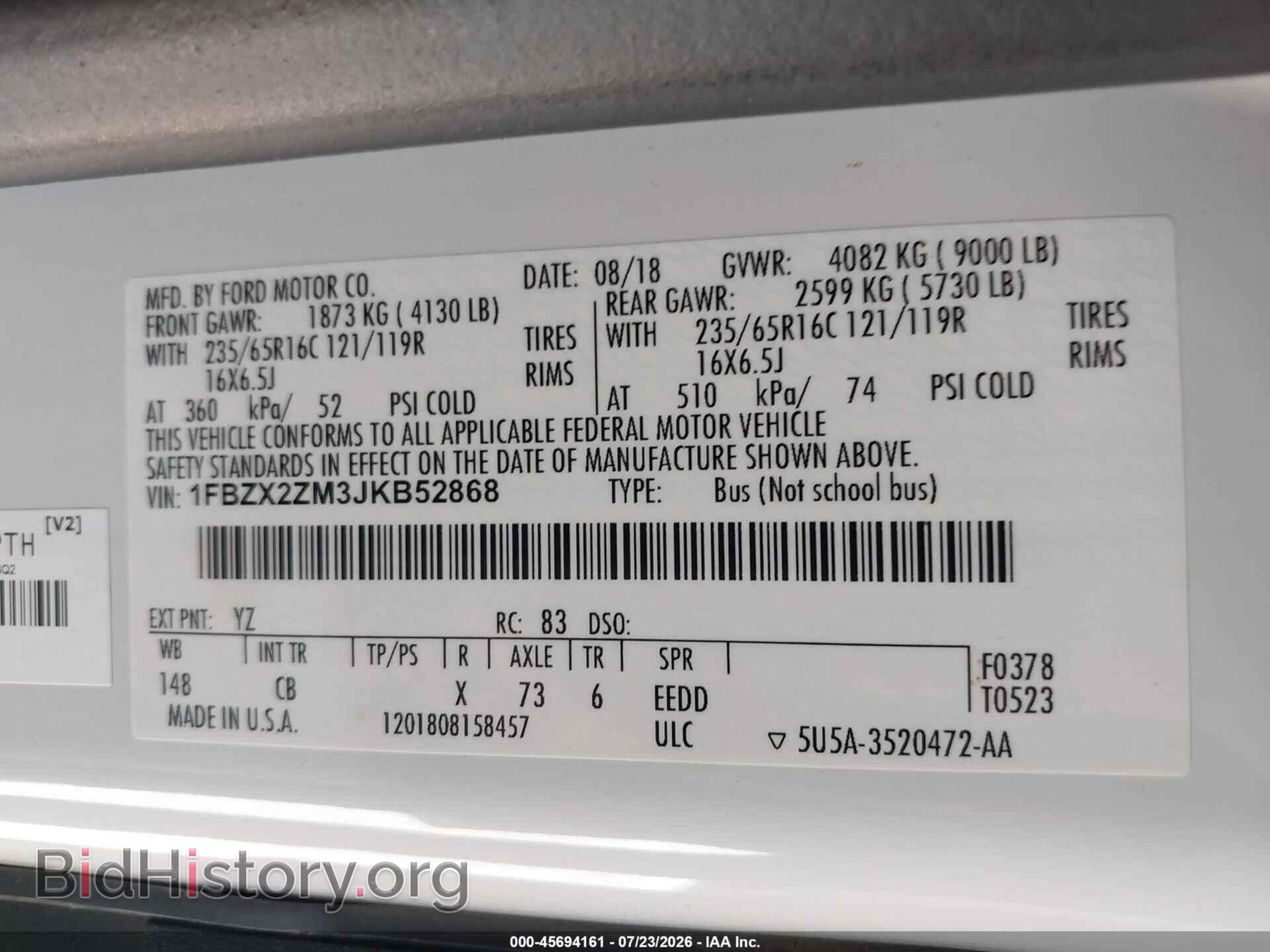 2018 FORD TRANSIT-350 - VIN: 1FBZX2ZM3JKB52868 - Фото 9
