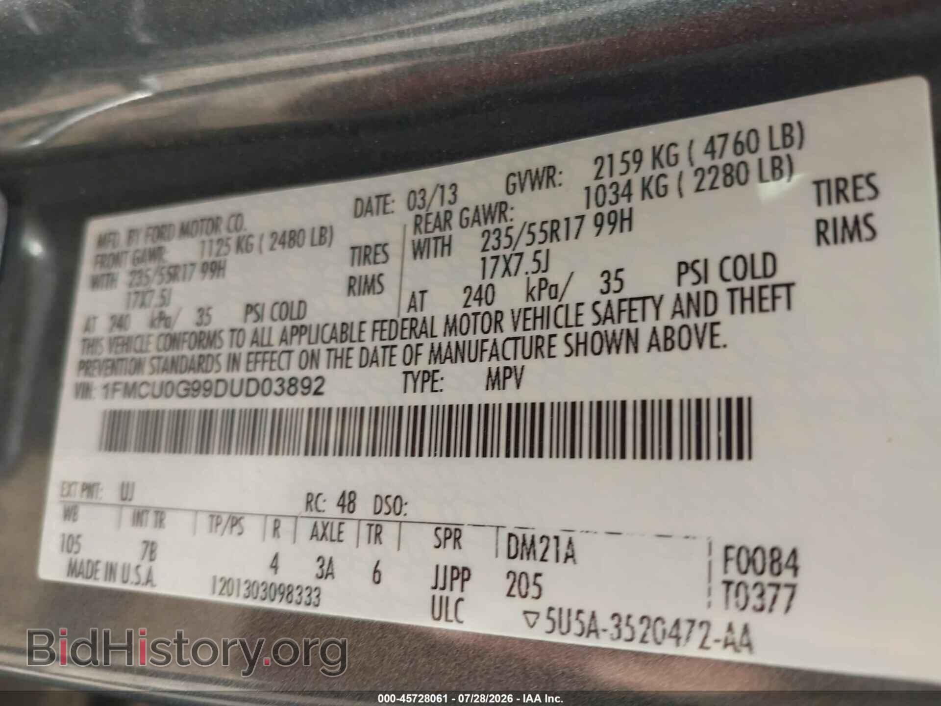 2013 FORD ESCAPE - VIN: 1FMCU0G99DUD03892 - Фото 9