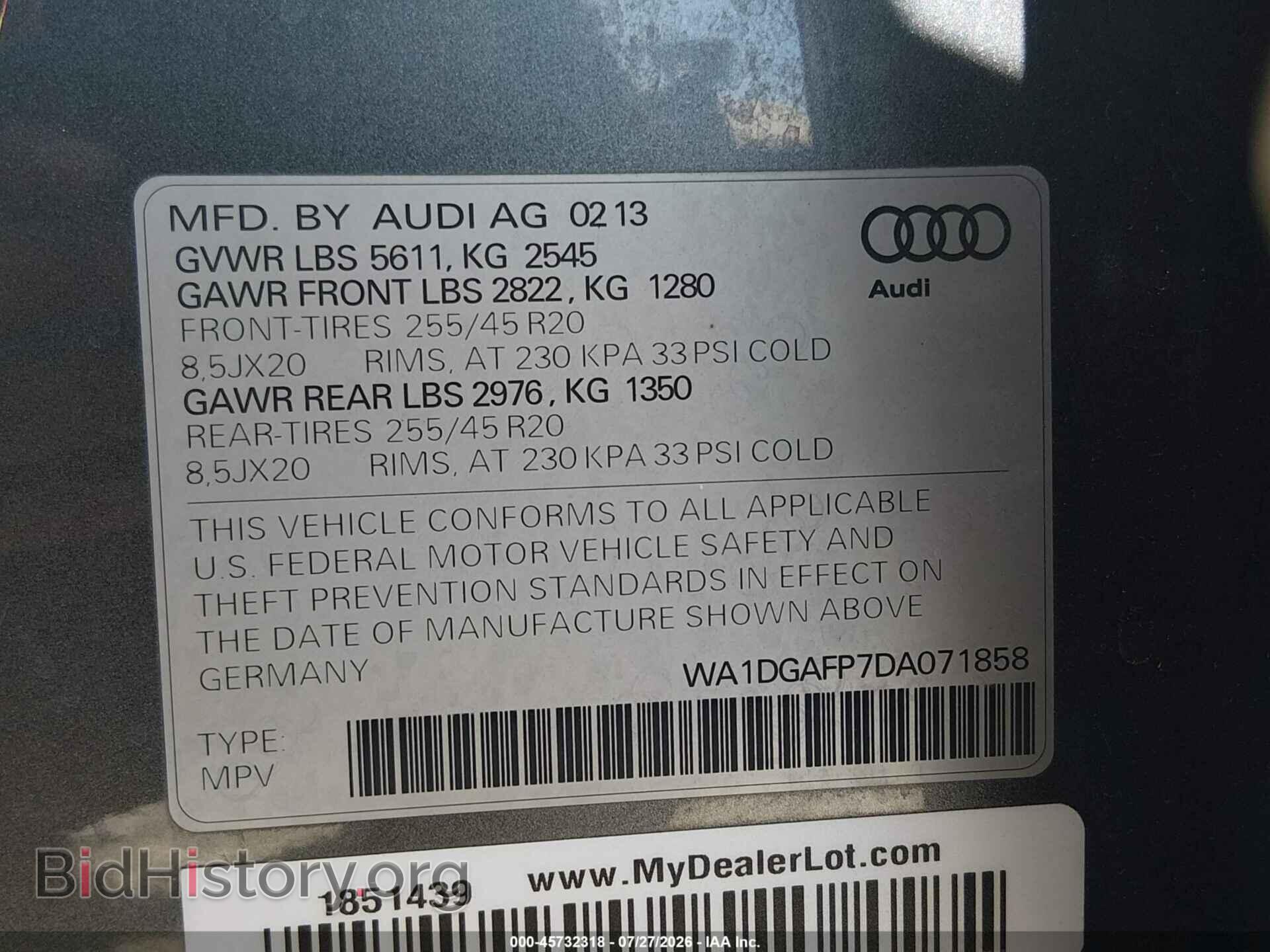 2013 AUDI Q5 - VIN: WA1DGAFP7DA071858 - Фото 9