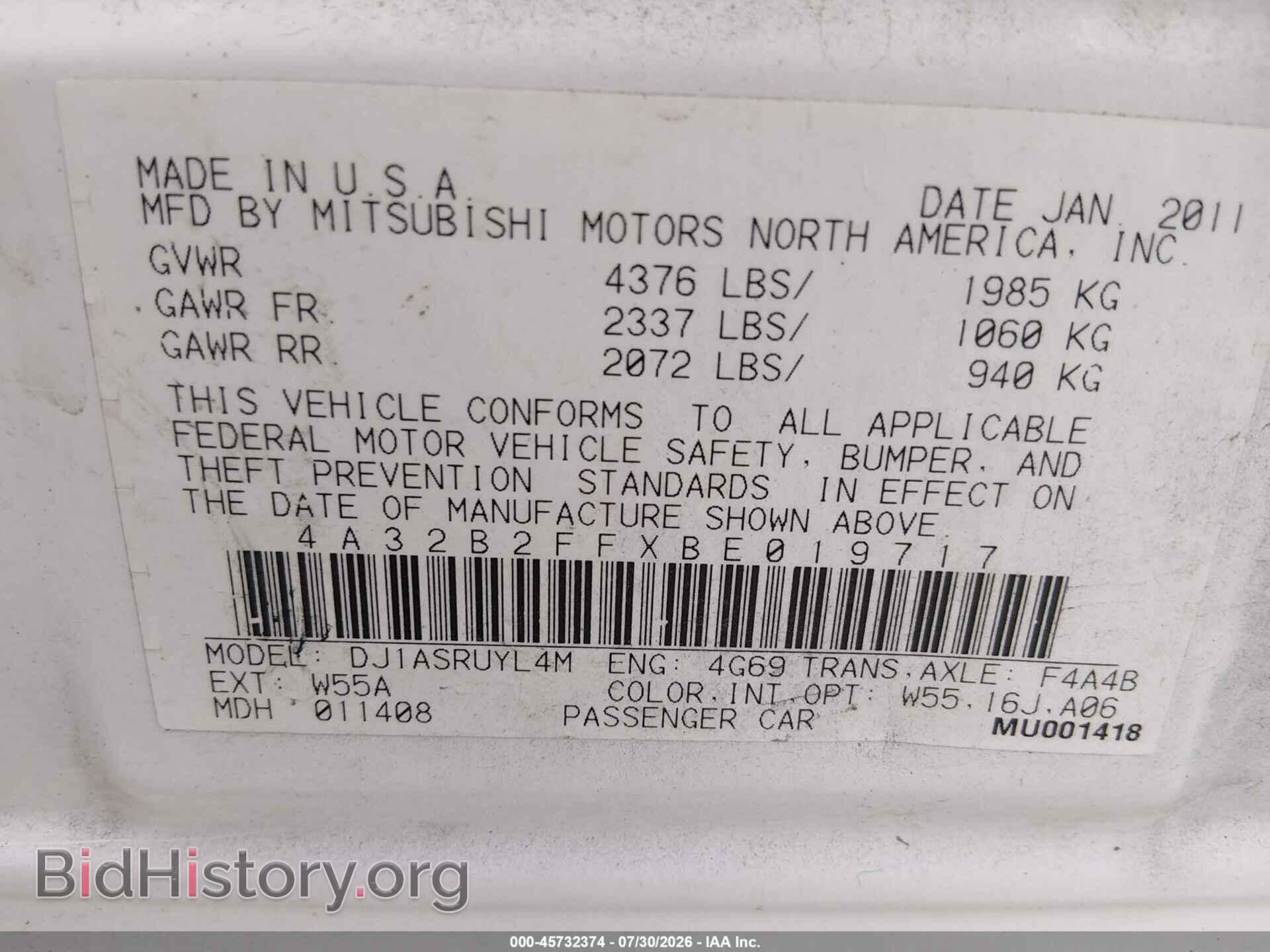 2011 MITSUBISHI GALANT - VIN: 4A32B2FFXBE019717 - Фото 9