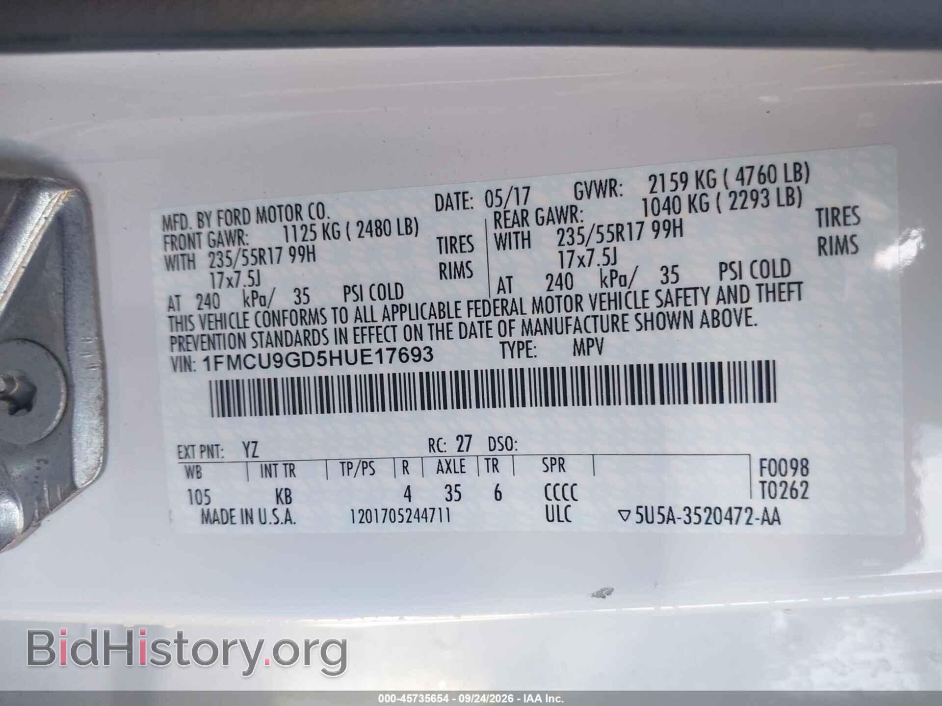 2017 FORD ESCAPE - VIN: 1FMCU9GD5HUE17693 - Фото 9