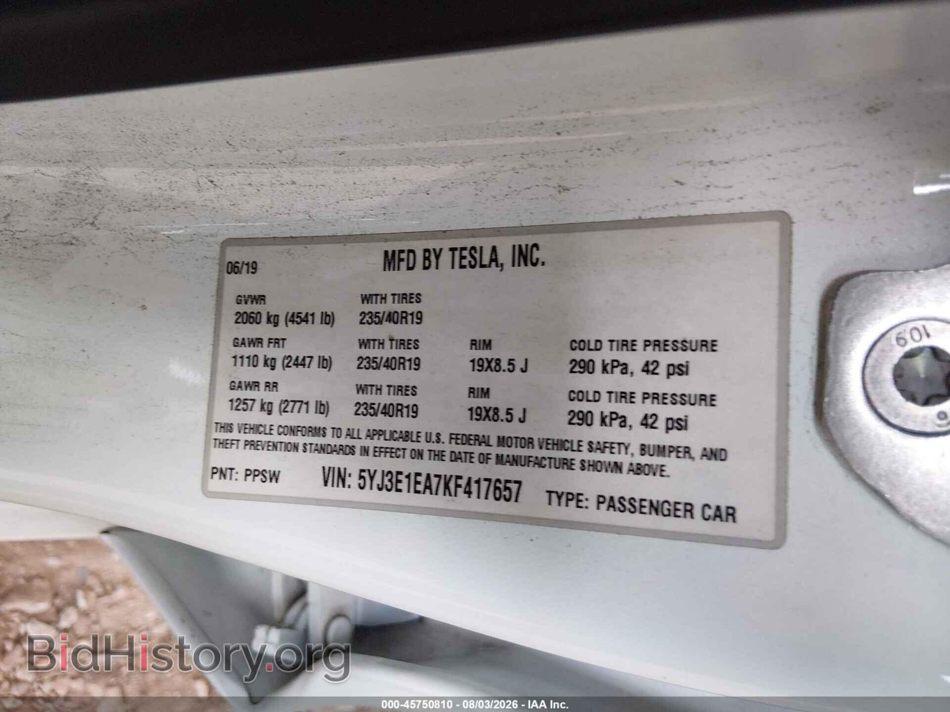 2019 TESLA MODEL 3 - VIN: 5YJ3E1EA7KF417657 - Фото 9