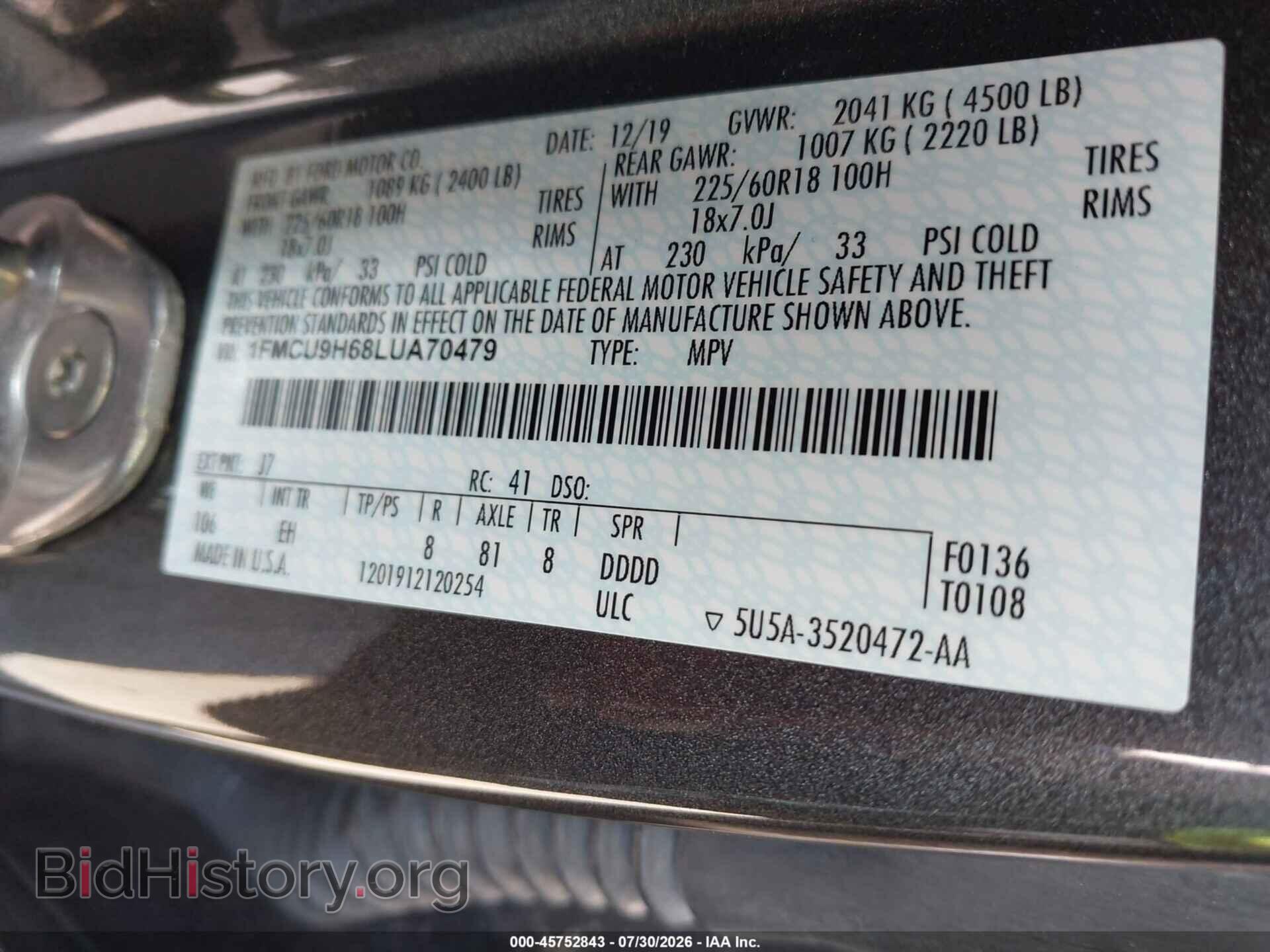 2020 FORD ESCAPE - VIN: 1FMCU9H68LUA70479 - Photo 9