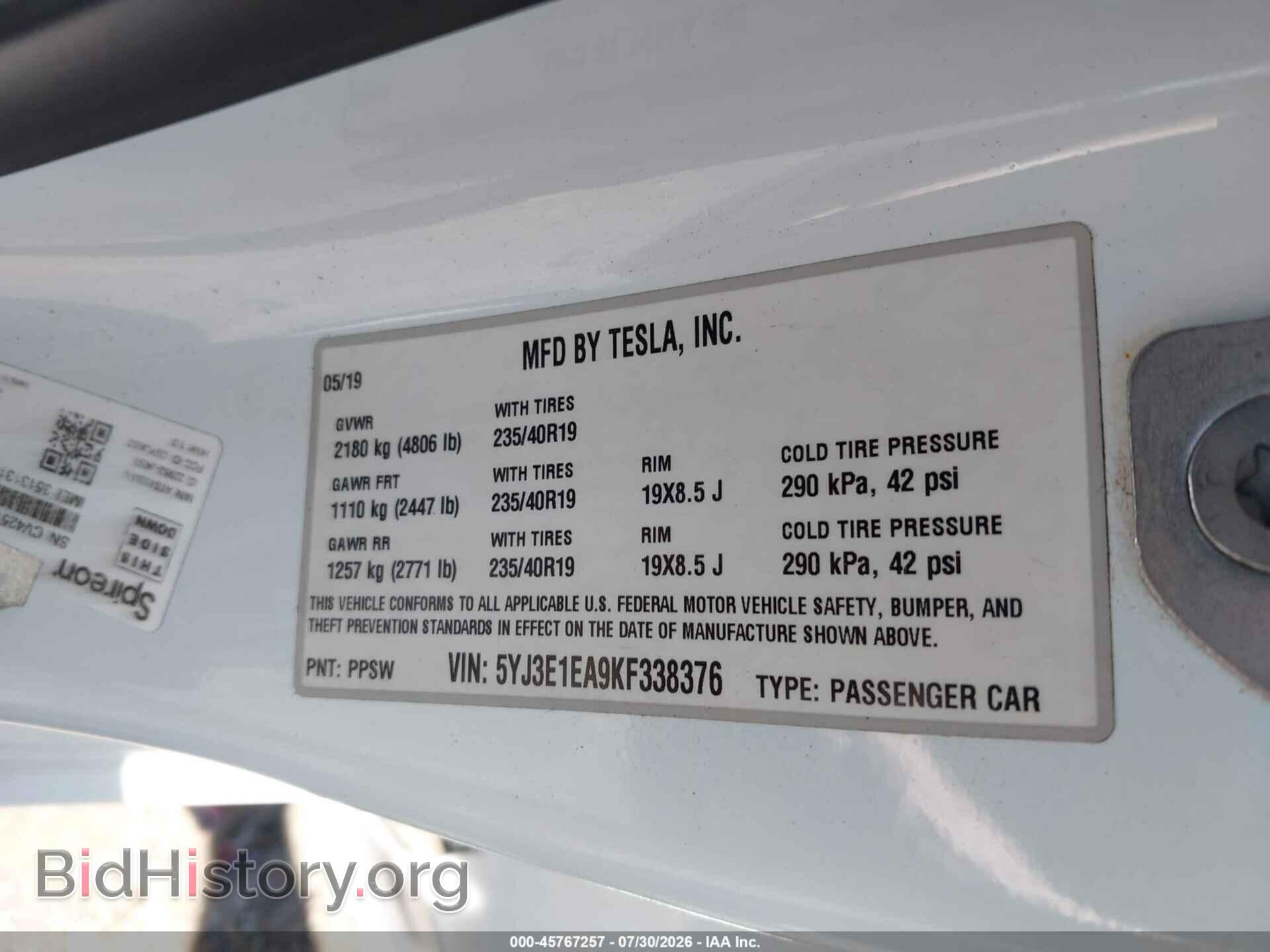 2019 TESLA MODEL 3 - VIN: 5YJ3E1EA9KF338376 - Photo 9