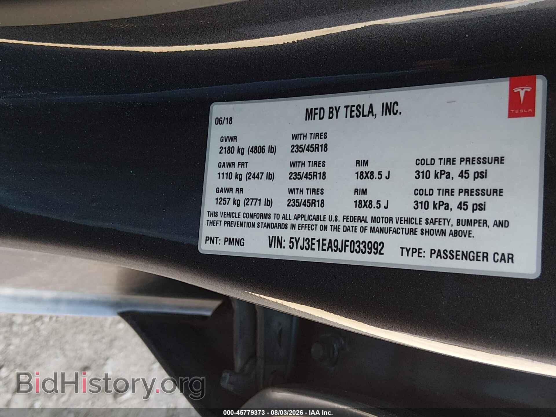 2018 TESLA MODEL 3 - VIN: 5YJ3E1EA9JF033992 - Фото 9