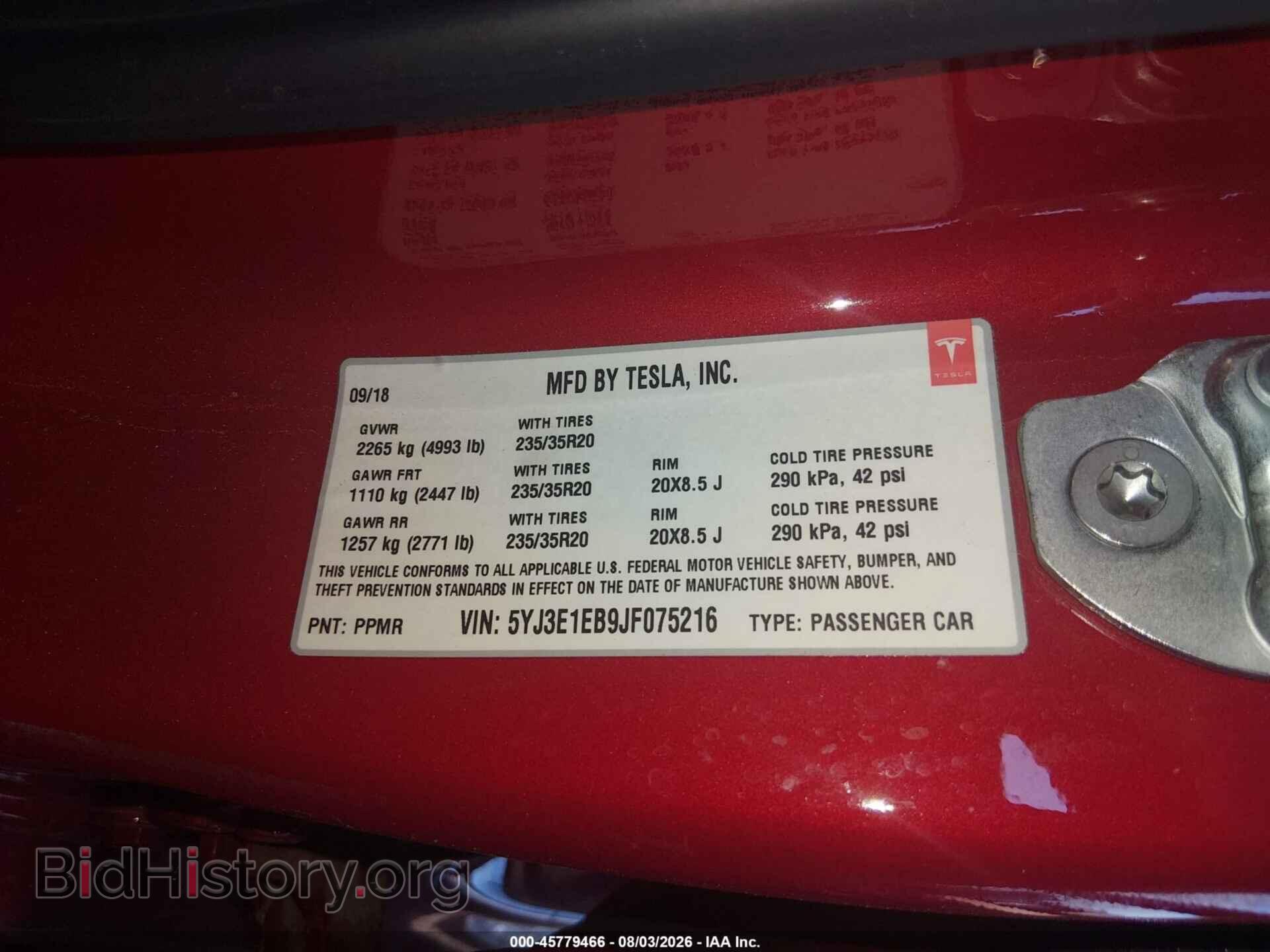 2018 TESLA MODEL 3 - VIN: 5YJ3E1EB9JF075216 - Фото 9