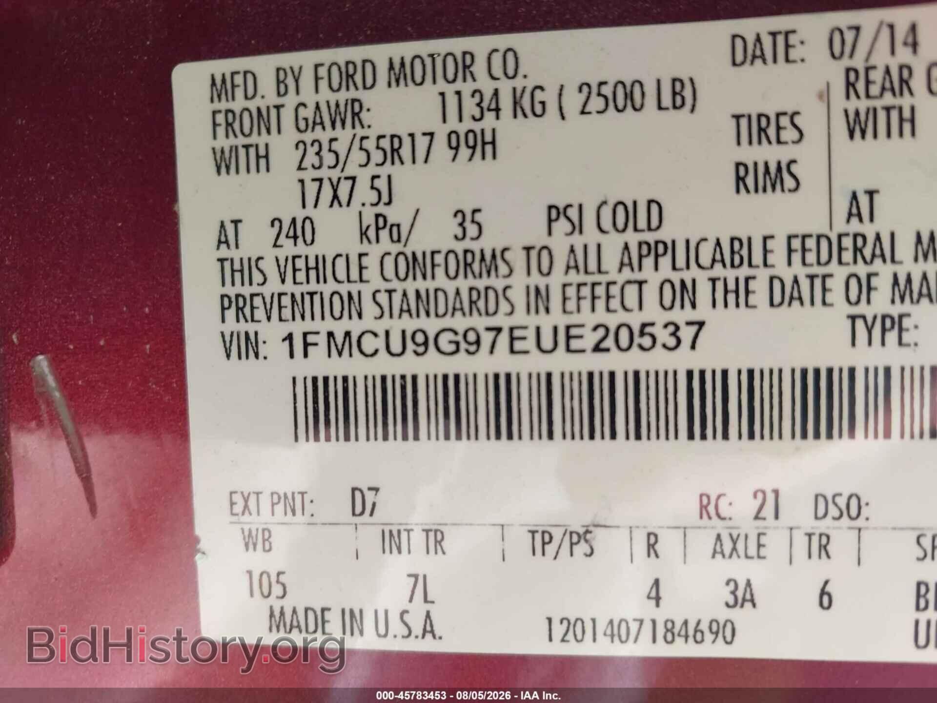 2014 FORD ESCAPE - VIN: 1FMCU9G97EUE20537 - Photo 9