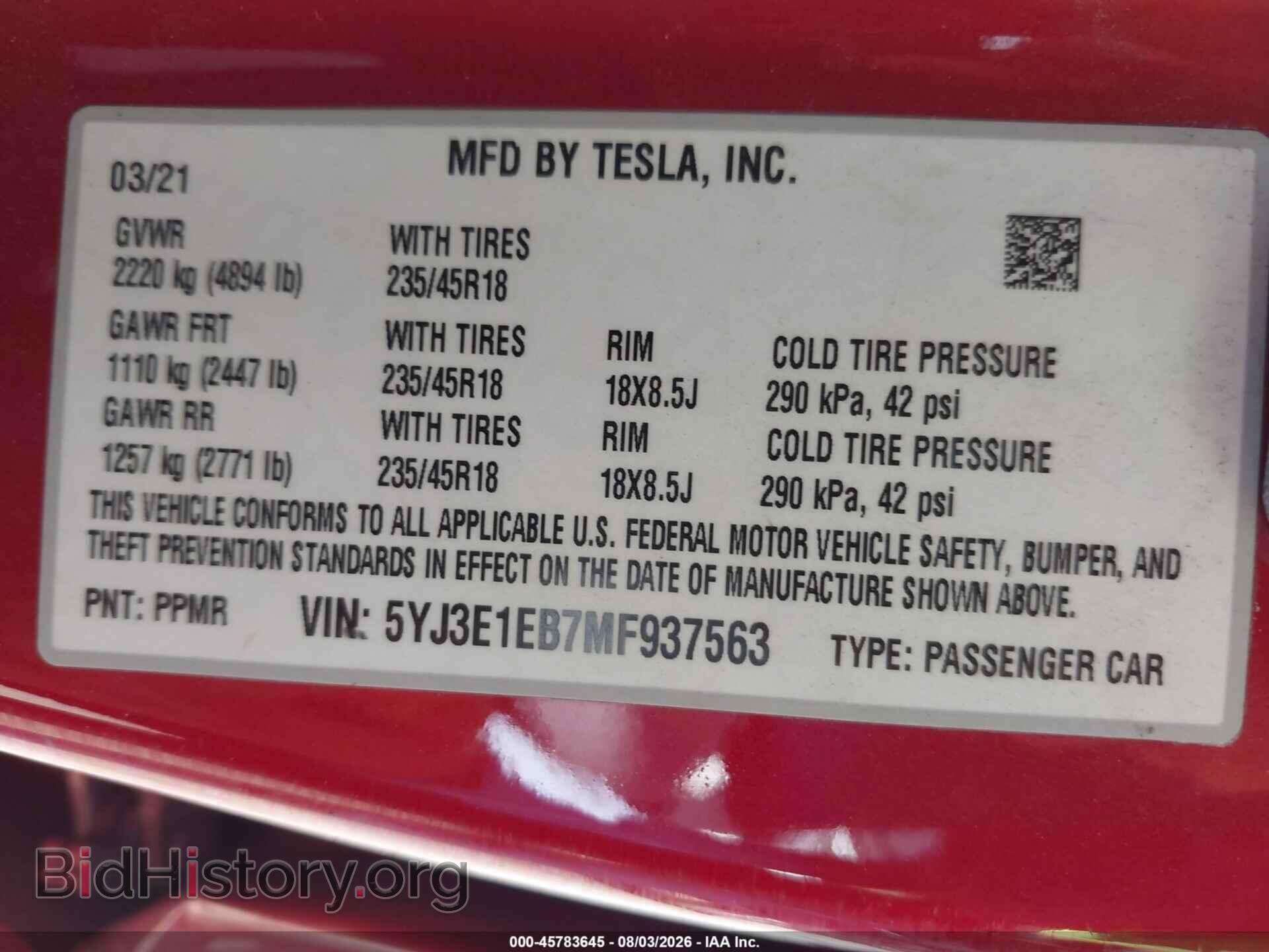 2021 TESLA MODEL 3 - VIN: 5YJ3E1EB7MF937563 - Фото 9