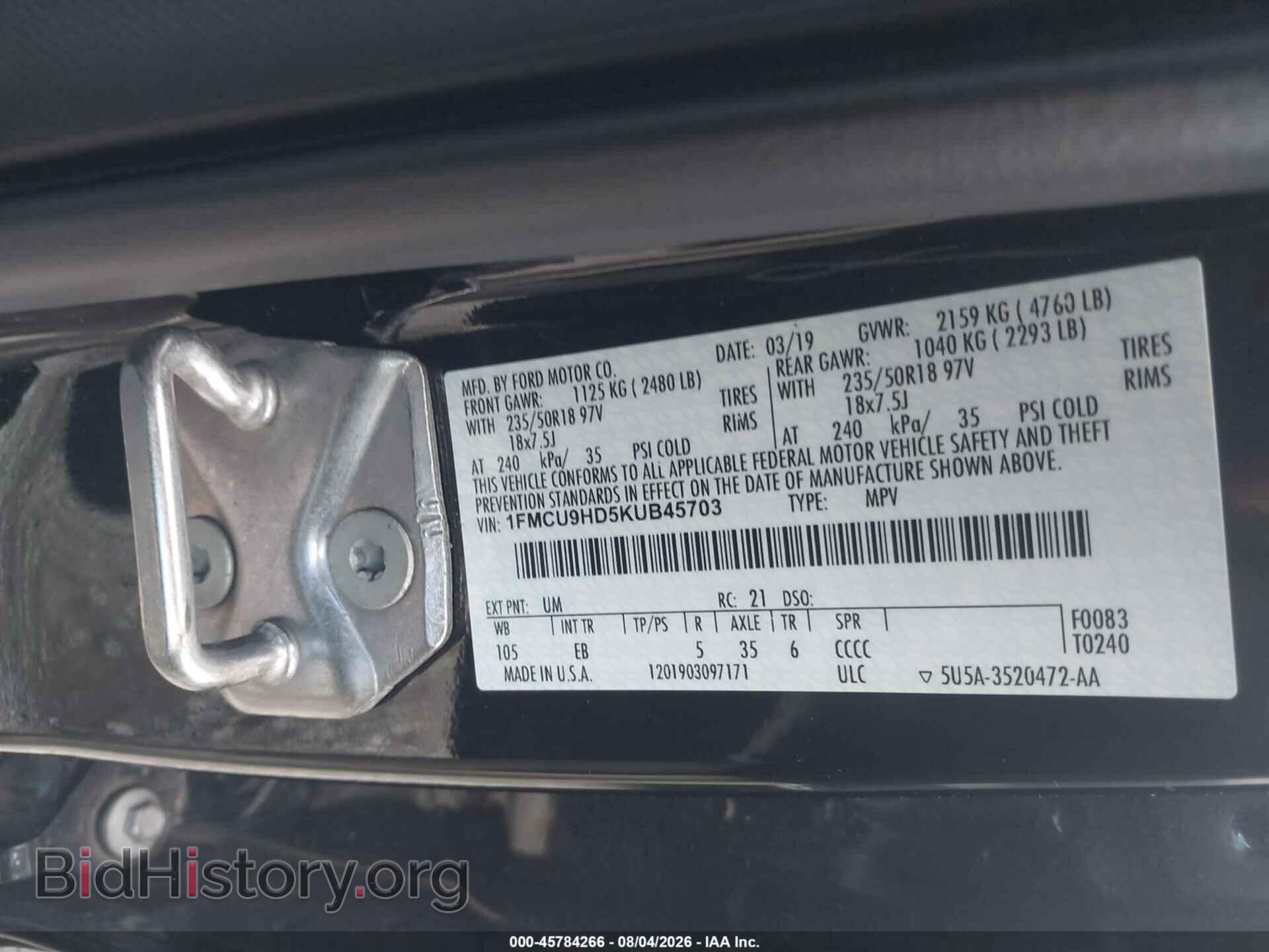 2019 FORD ESCAPE - VIN: 1FMCU9HD5KUB45703 - Фото 9