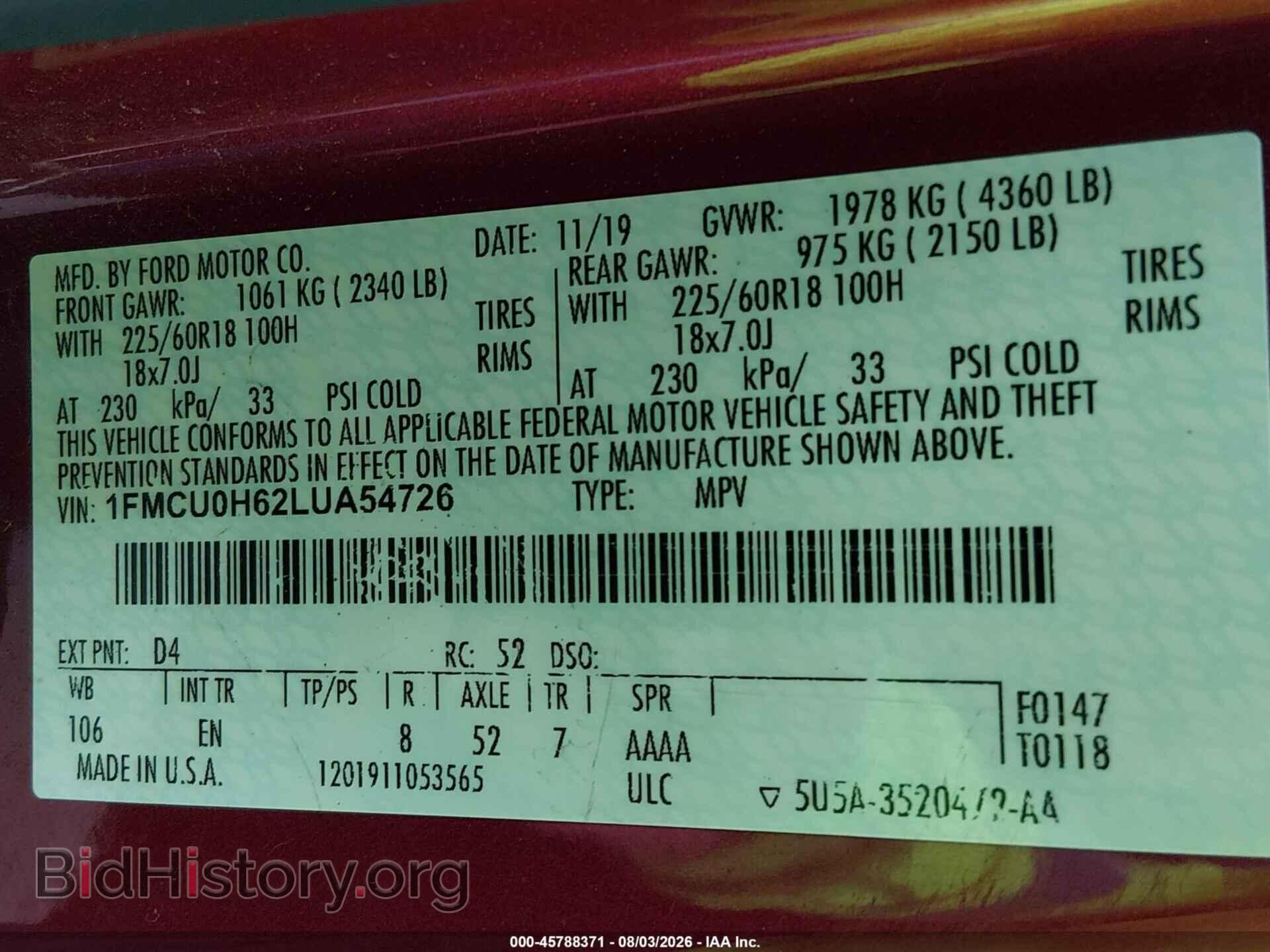 2020 FORD ESCAPE - VIN: 1FMCU0H62LUA54726 - Photo 9
