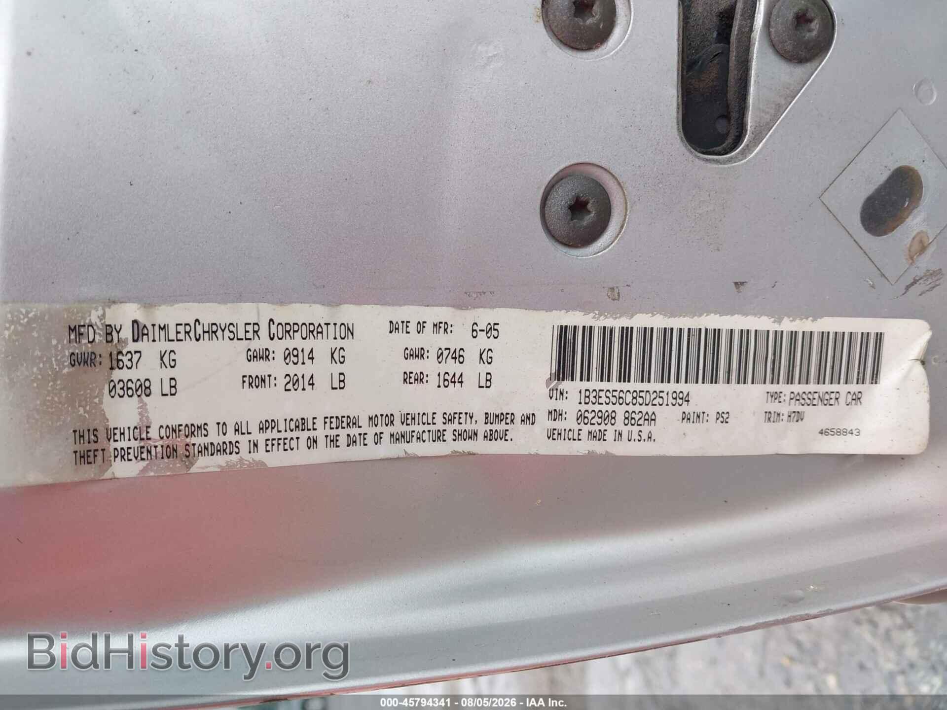 2005 DODGE NEON - VIN: 1B3ES56C85D251994 - Фото 9