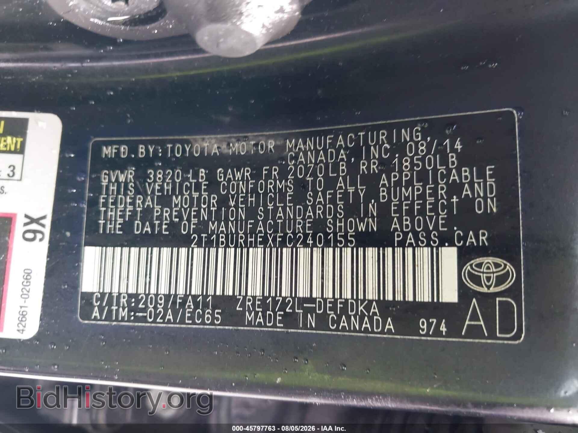2015 TOYOTA COROLLA - VIN: 2T1BURHEXFC240155 - Фото 9