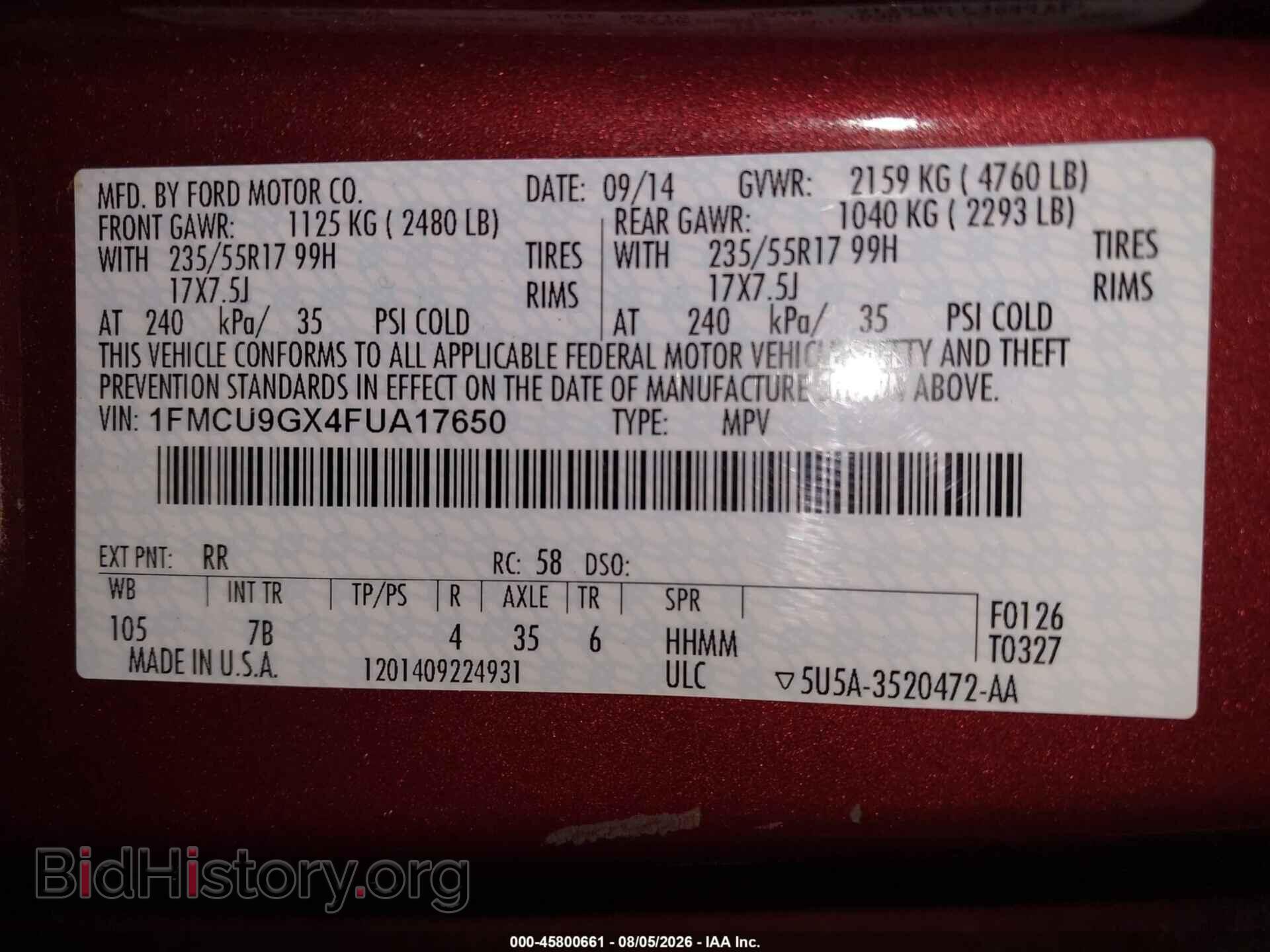 2015 FORD ESCAPE - VIN: 1FMCU9GX4FUA17650 - Фото 9