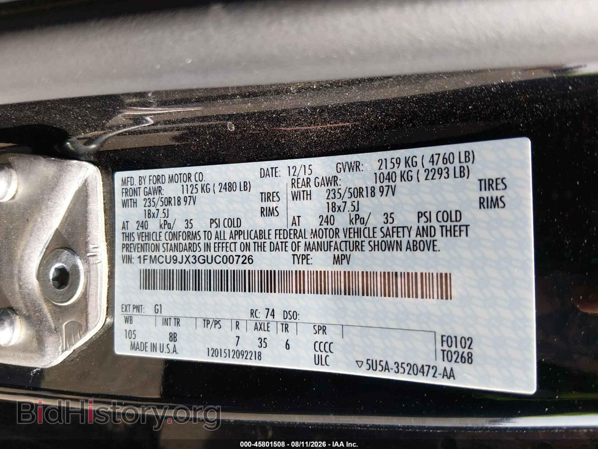 2016 FORD ESCAPE - VIN: 1FMCU9JX3GUC00726 - Photo 9