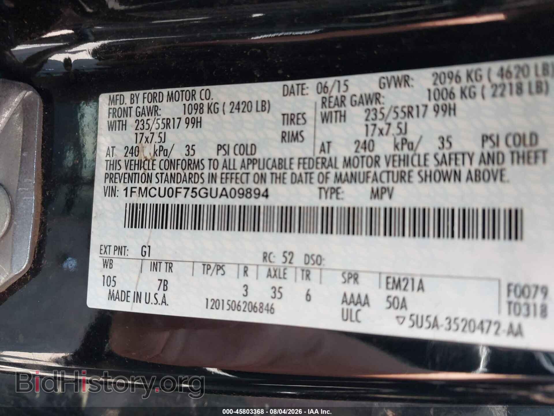 2016 FORD ESCAPE - VIN: 1FMCU0F75GUA09894 - Фото 9