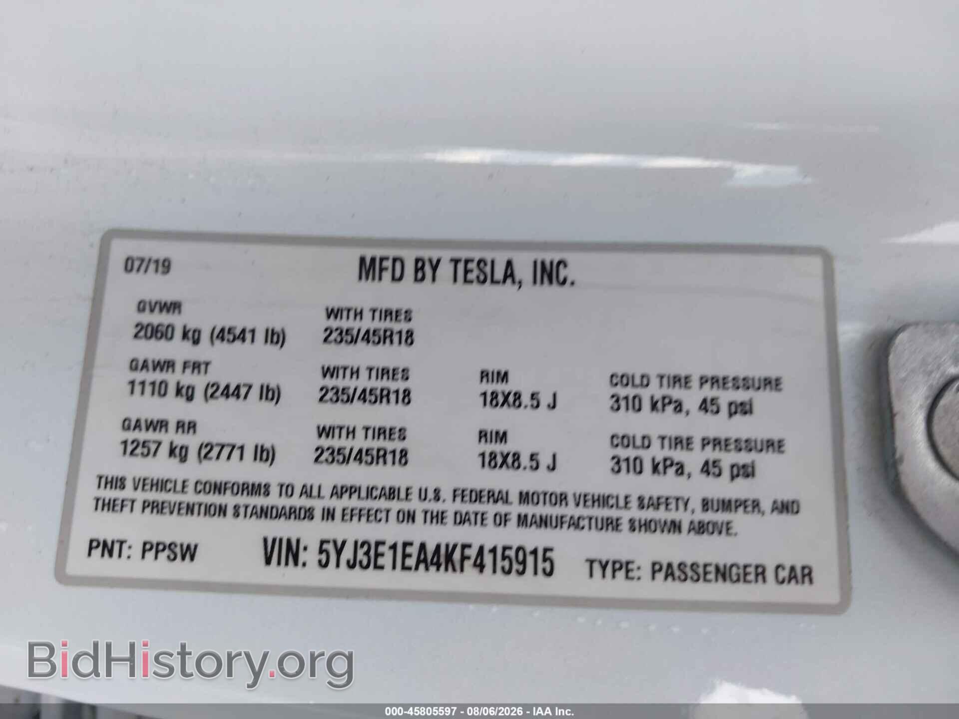2019 TESLA MODEL 3 - VIN: 5YJ3E1EA4KF415915 - Фото 9