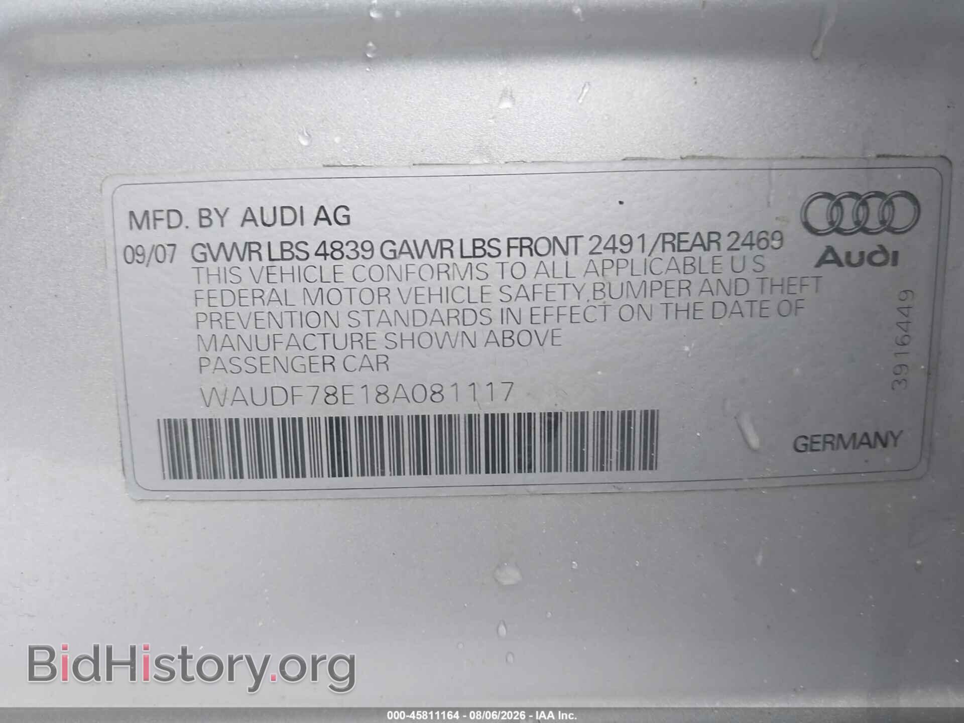 2008 AUDI A4 - VIN: WAUDF78E18A081117 - Фото 9