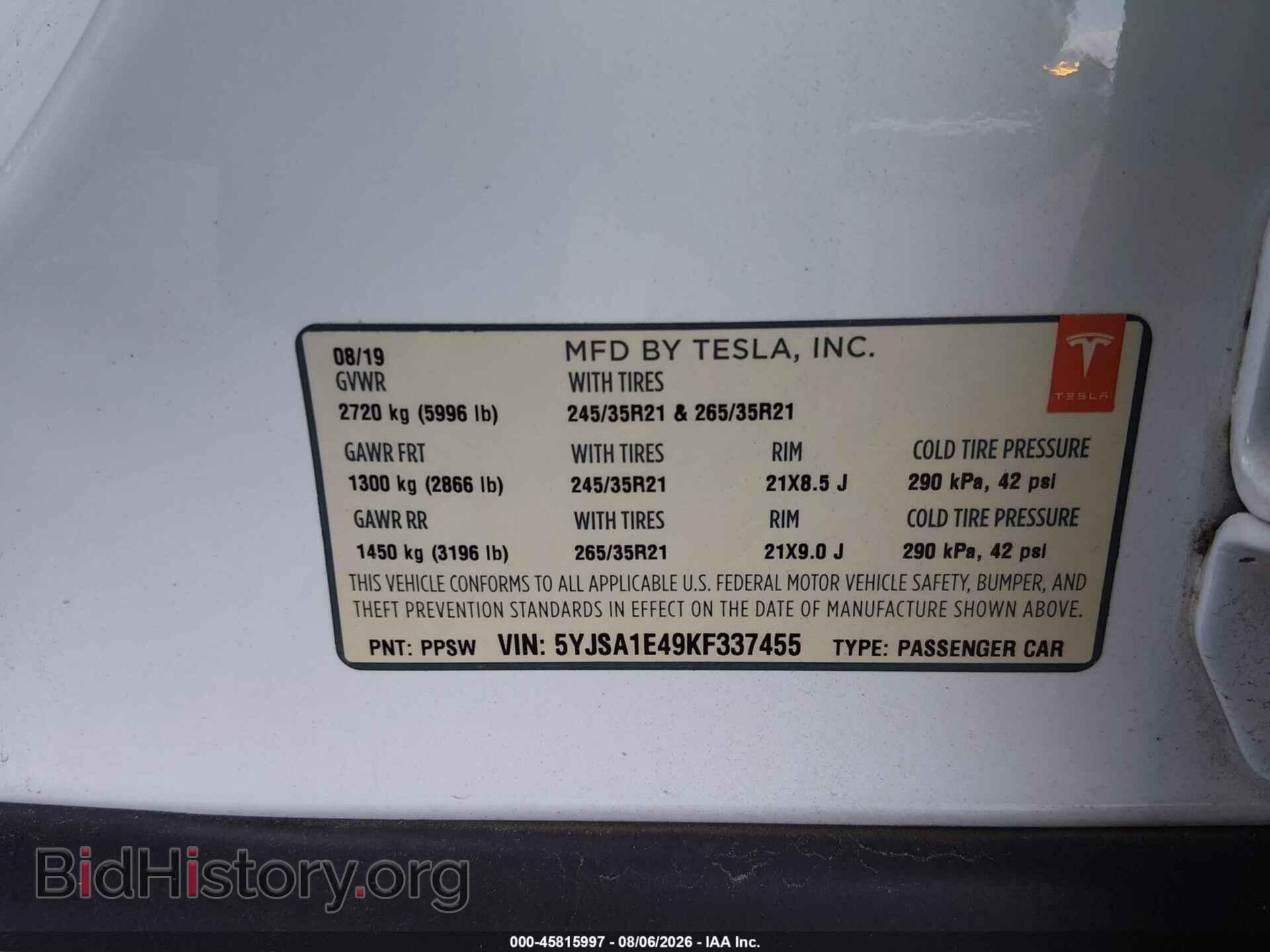 2019 TESLA MODEL S - VIN: 5YJSA1E49KF337455 - Photo 9
