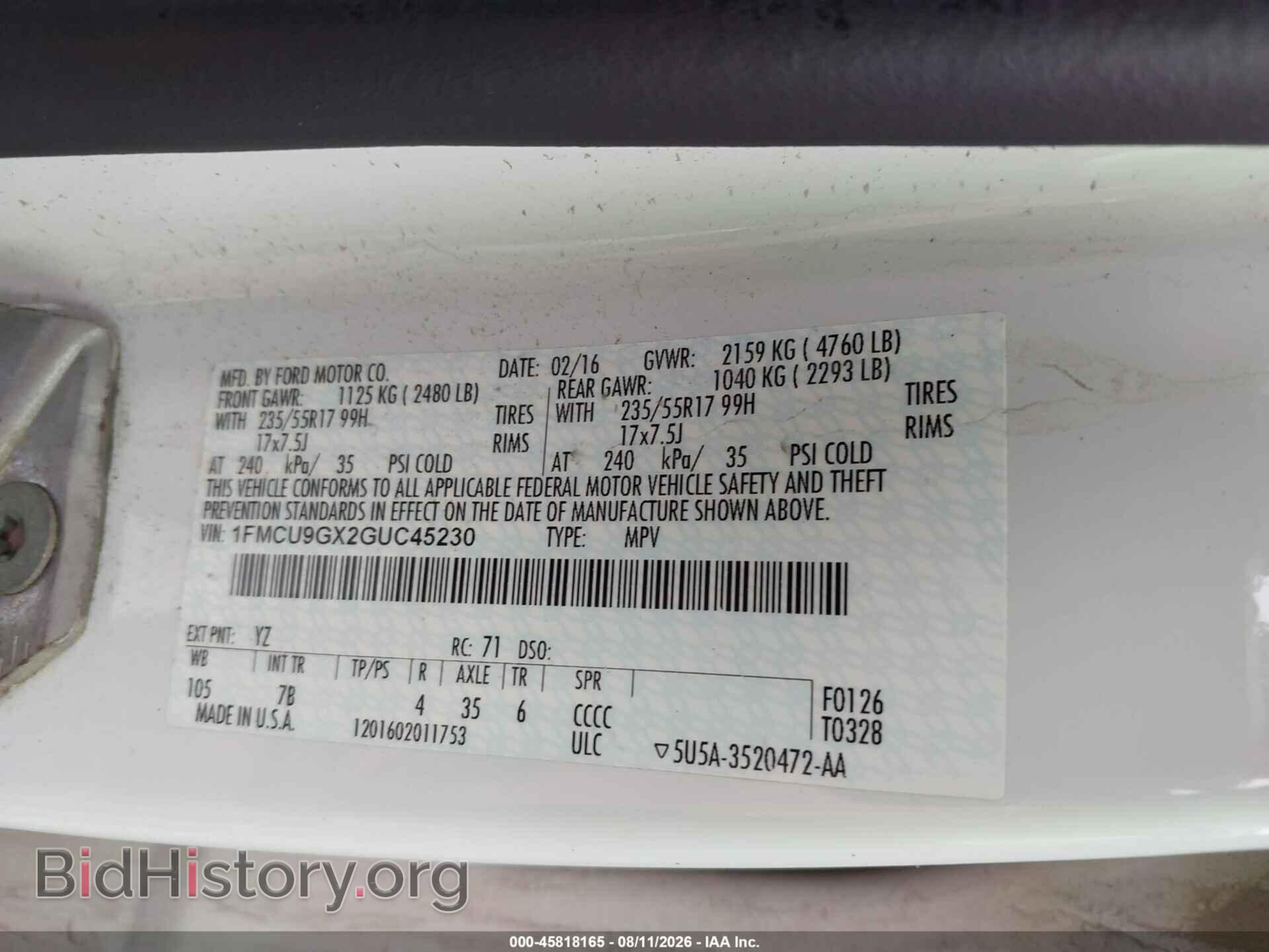2016 FORD ESCAPE - VIN: 1FMCU9GX2GUC45230 - Фото 9