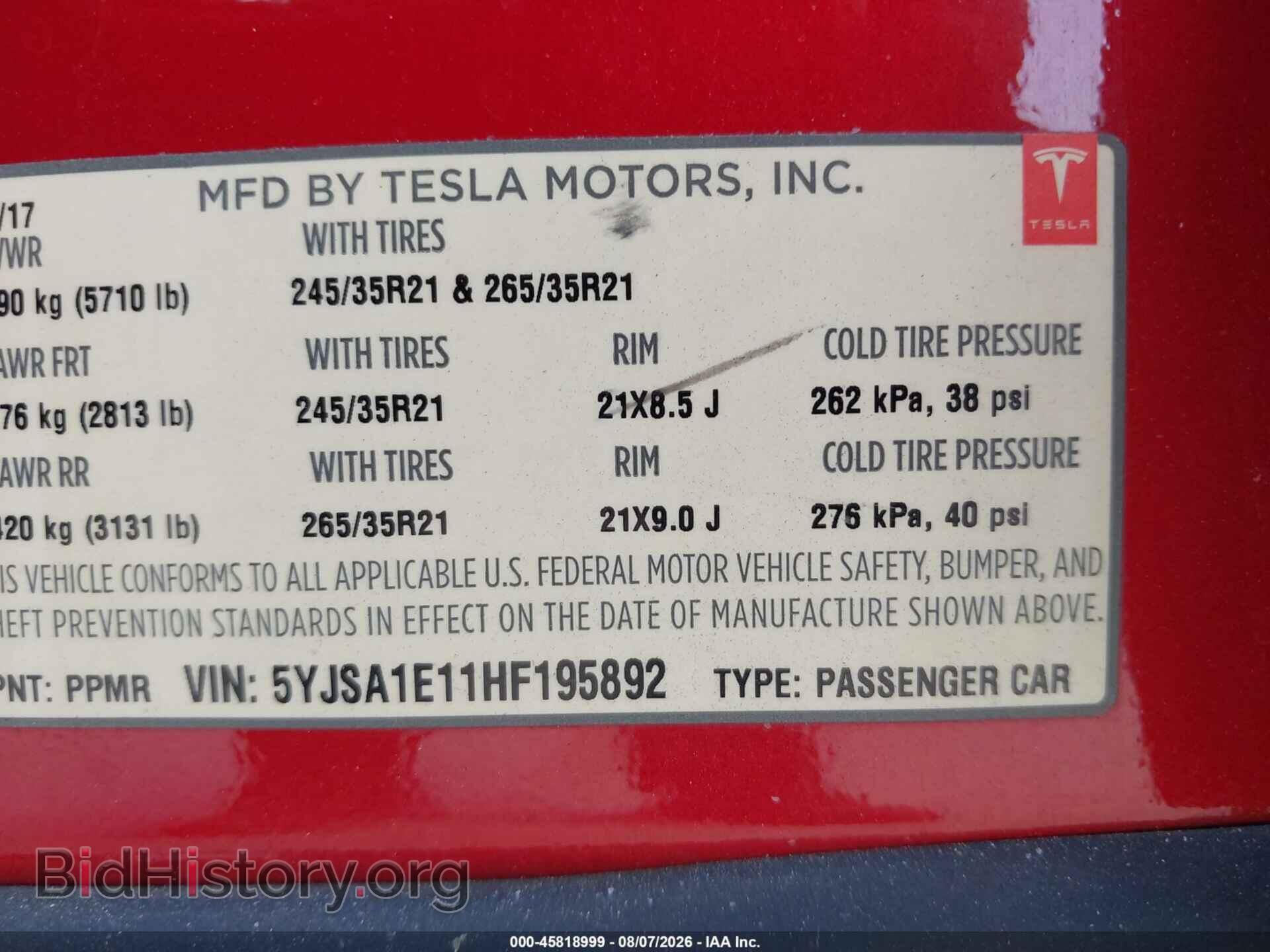2017 TESLA MODEL S - VIN: 5YJSA1E11HF195892 - Фото 9