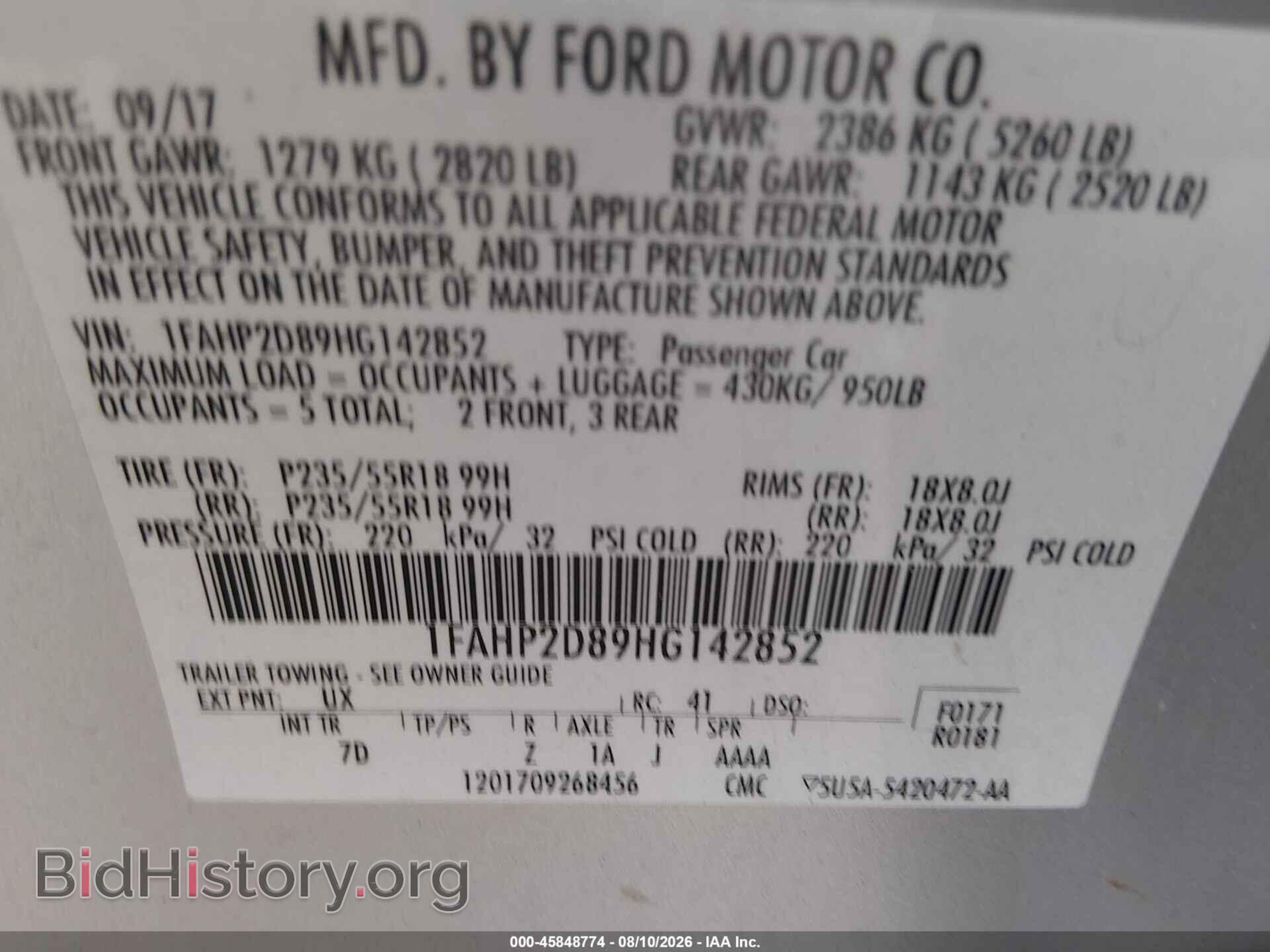 2017 FORD TAURUS - VIN: 1FAHP2D89HG142852 - Photo 9