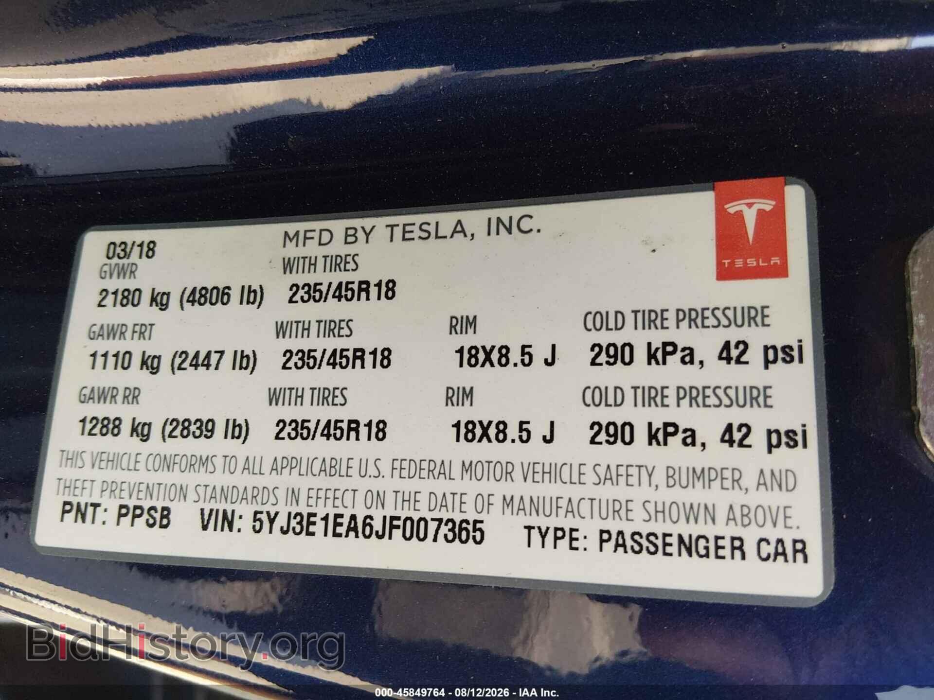 2018 TESLA MODEL 3 - VIN: 5YJ3E1EA6JF007365 - Фото 9