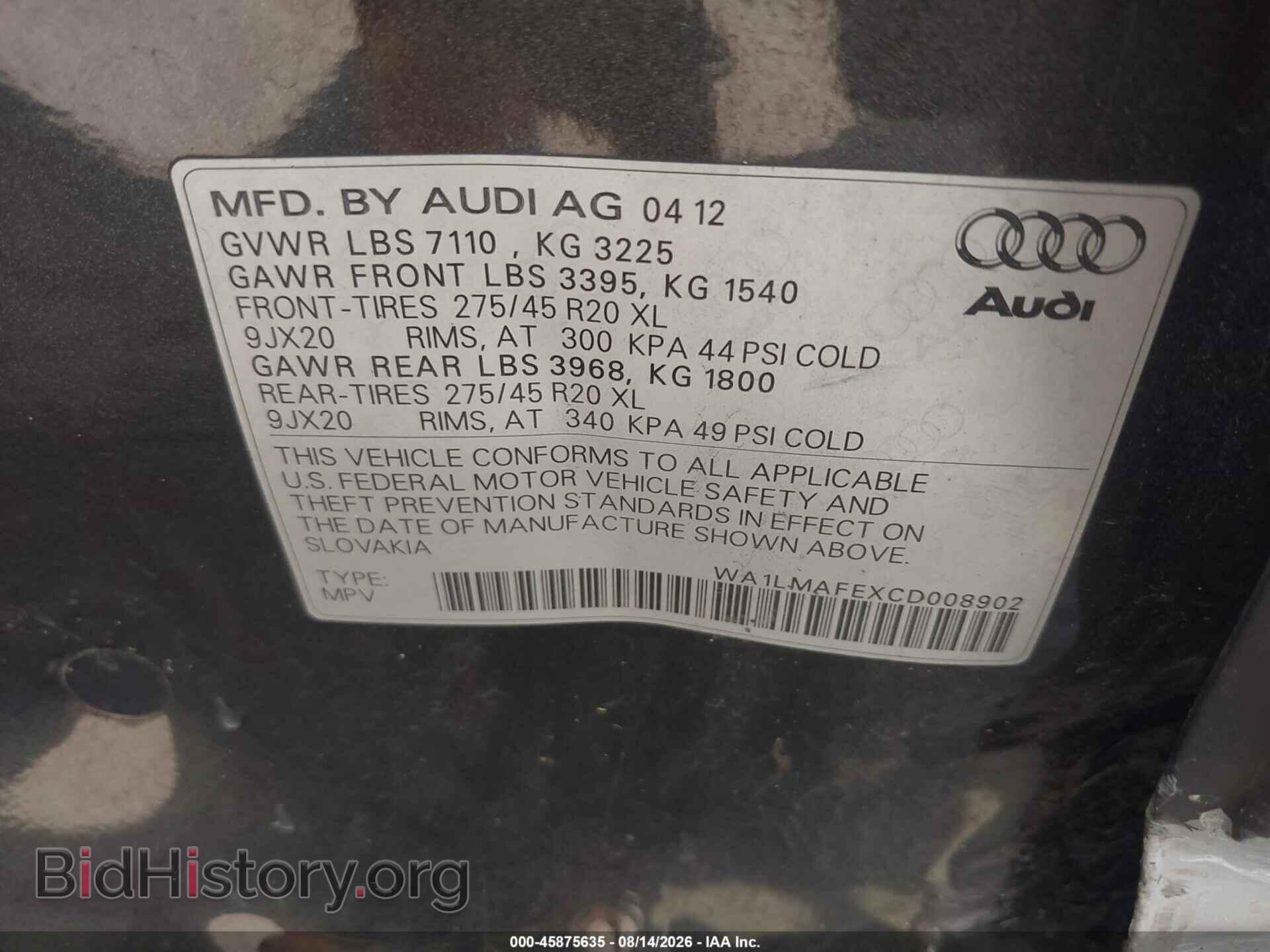 2012 AUDI Q7 - VIN: WA1LMAFEXCD008902 - Photo 9