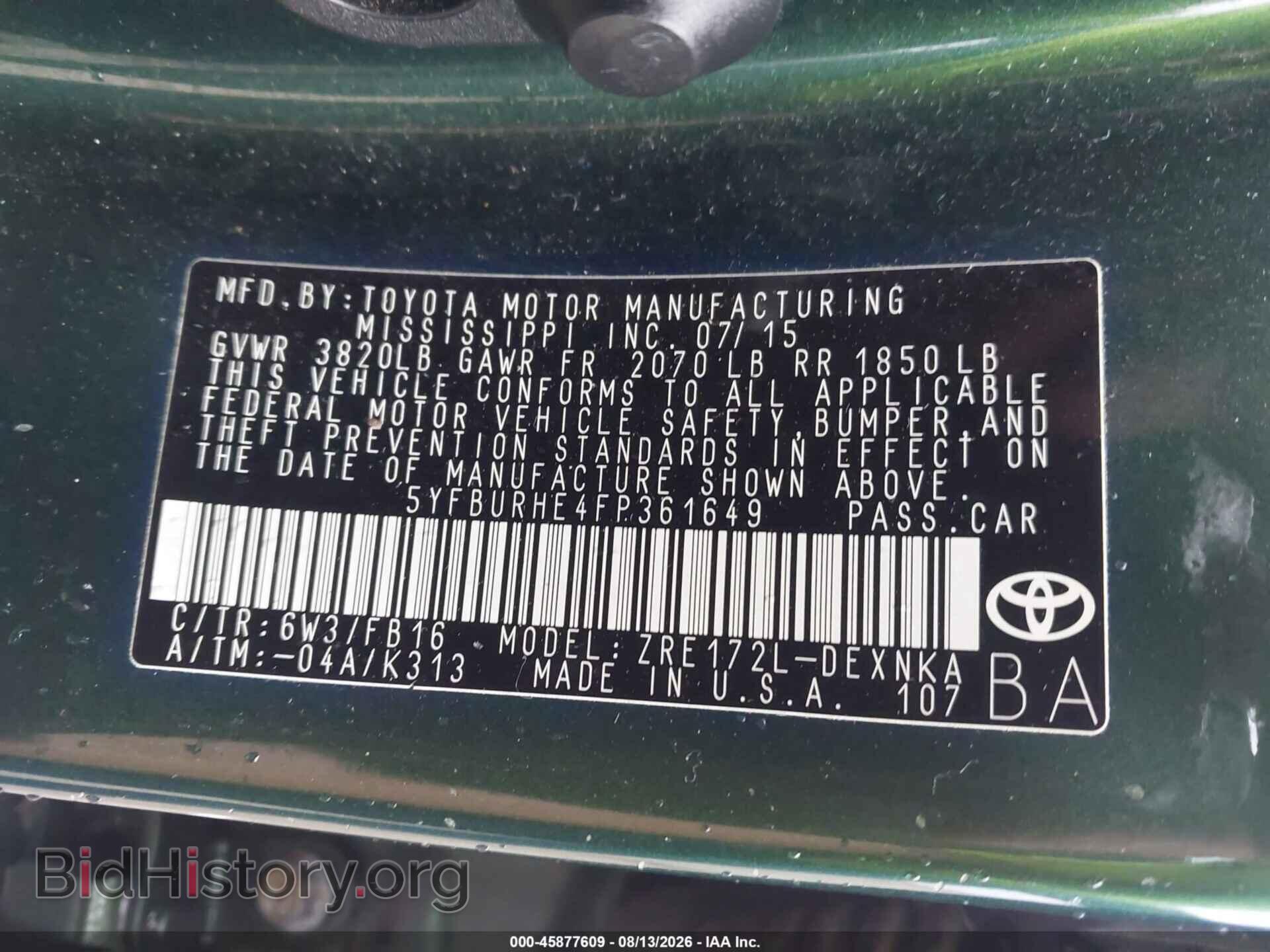 2015 TOYOTA COROLLA - VIN: 5YFBURHE4FP361649 - Фото 9