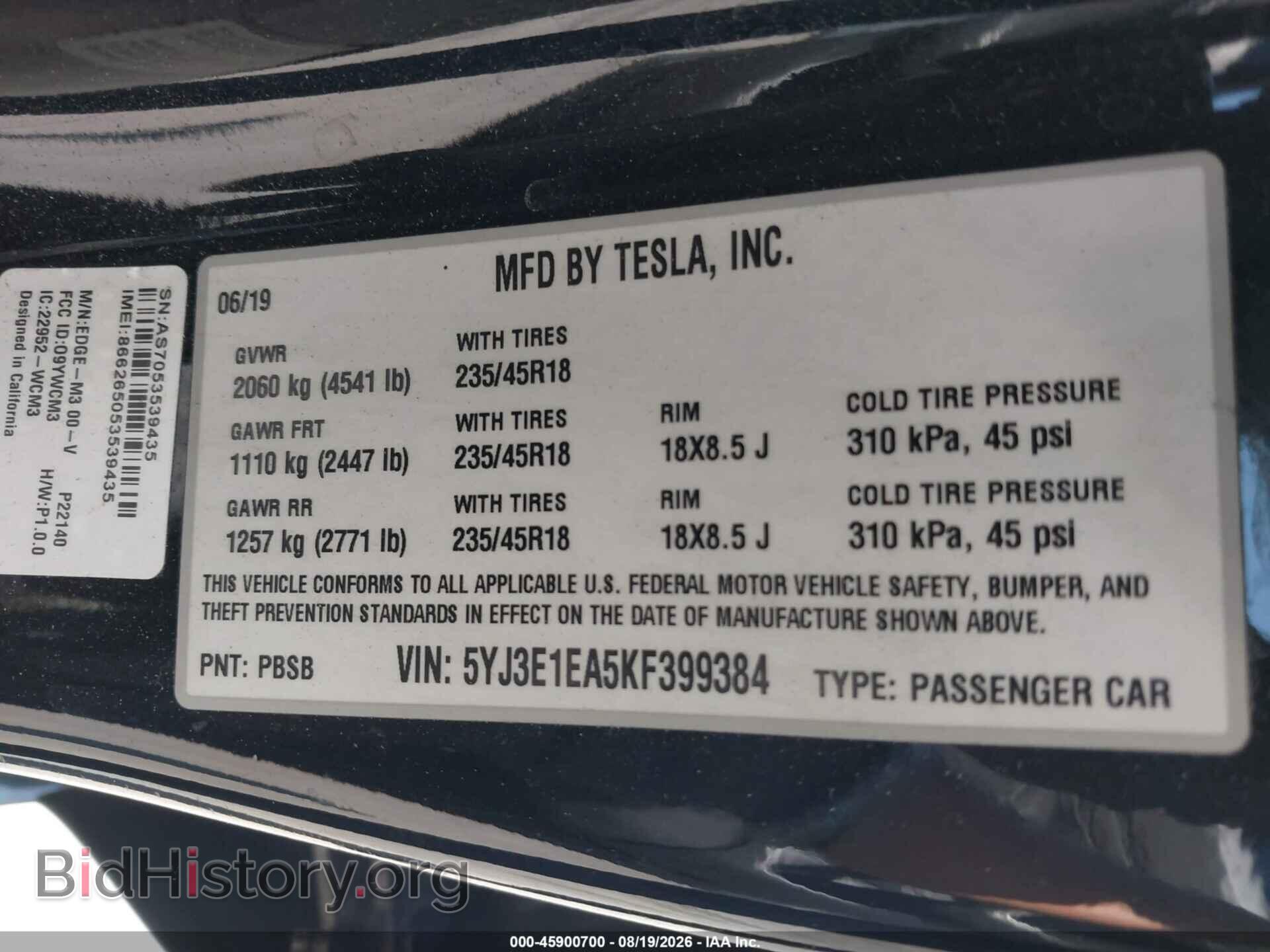 2019 TESLA MODEL 3 - VIN: 5YJ3E1EA5KF399384 - Фото 9